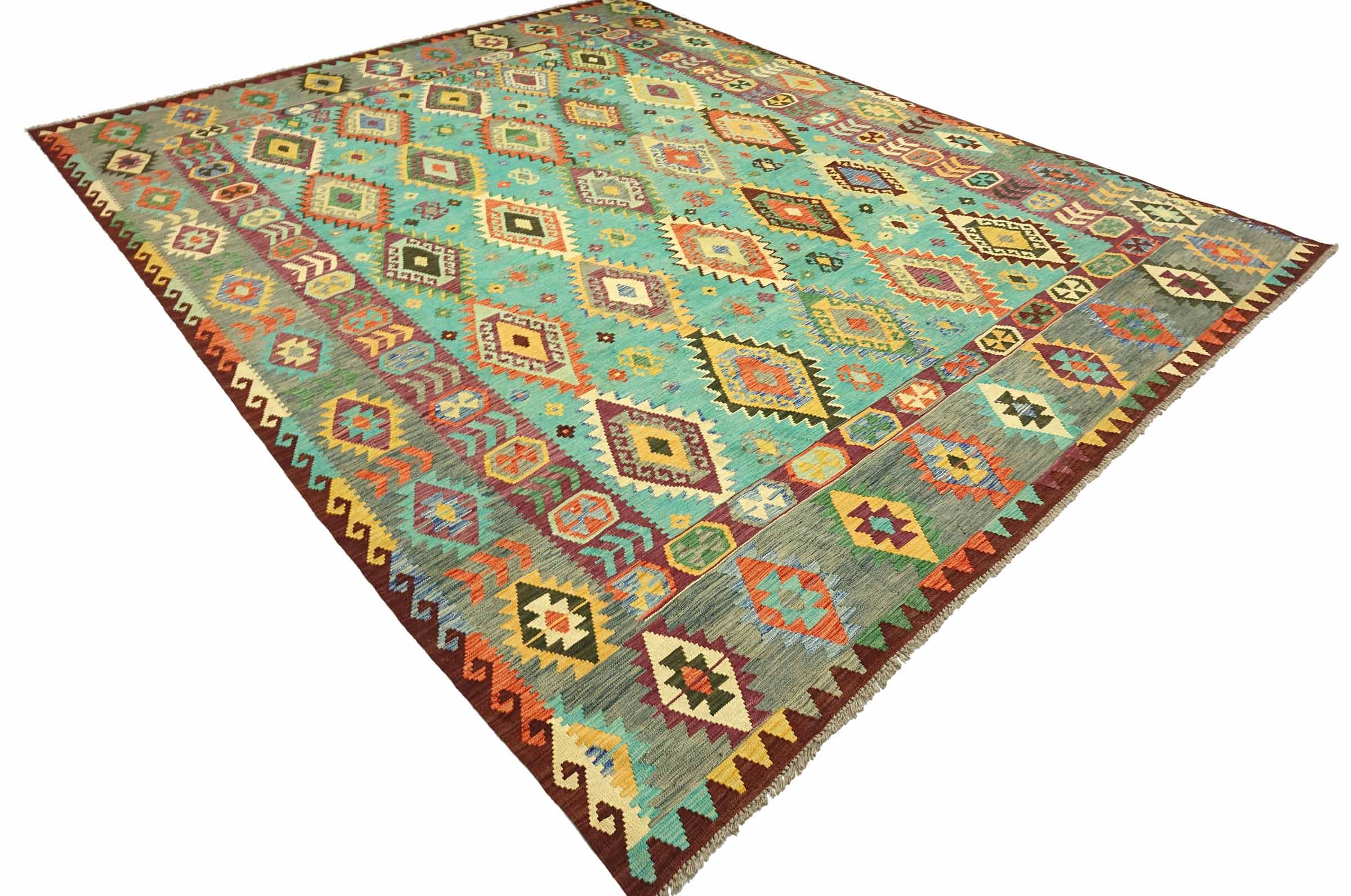 Afghan Maimana Kelim Bunt 393x303 Handgewebt Teppich 300x390 Türkis Geometrisch Orient