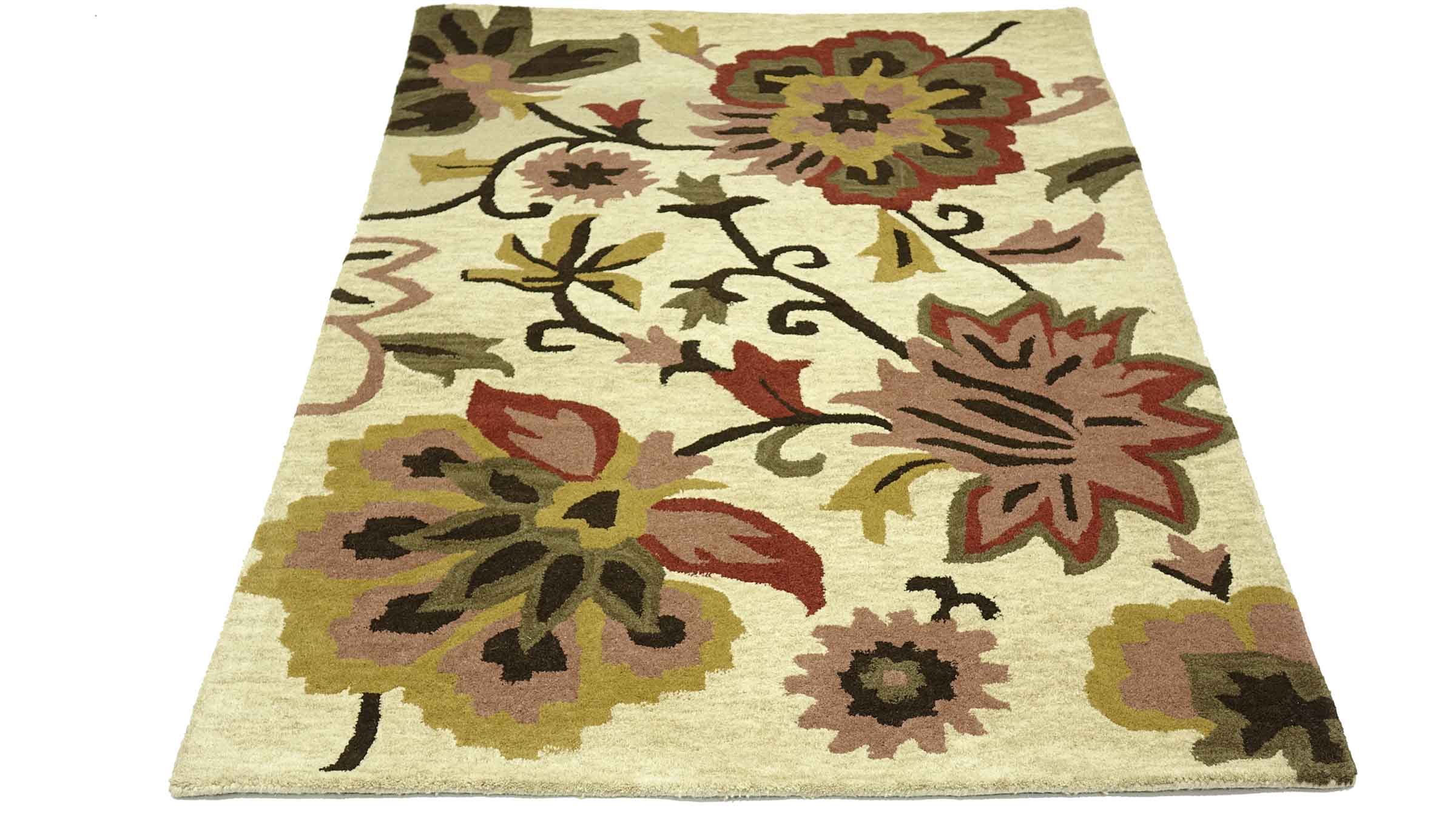 Handgefertigter Teppich Flowers 120x180 Beige Blumenmuster Handarbeit Handtuft Modern