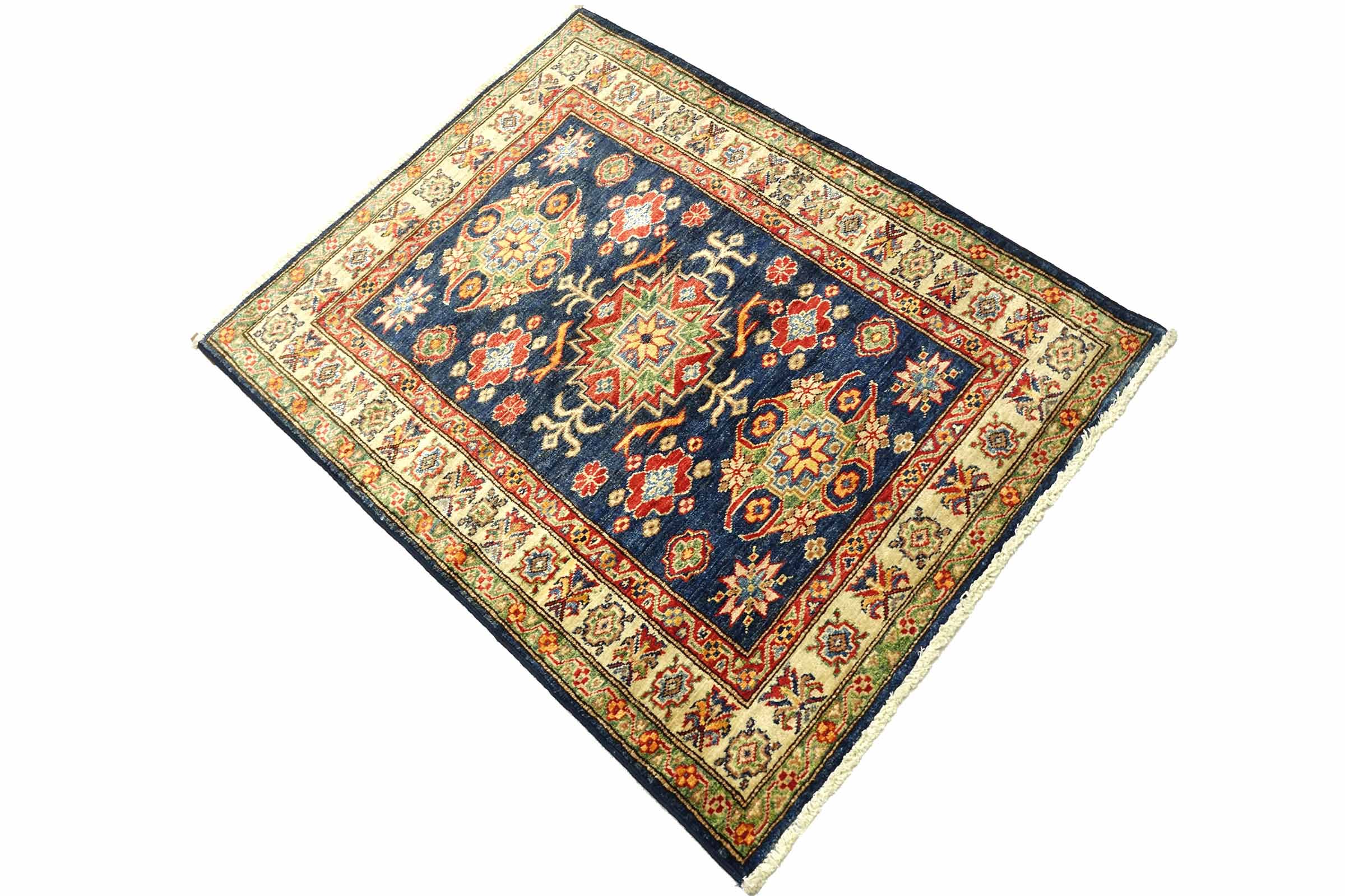 Afghan Kazak Fein 100x120 Handgeknüpft Orientteppich Schwarz Umrandung Wolle