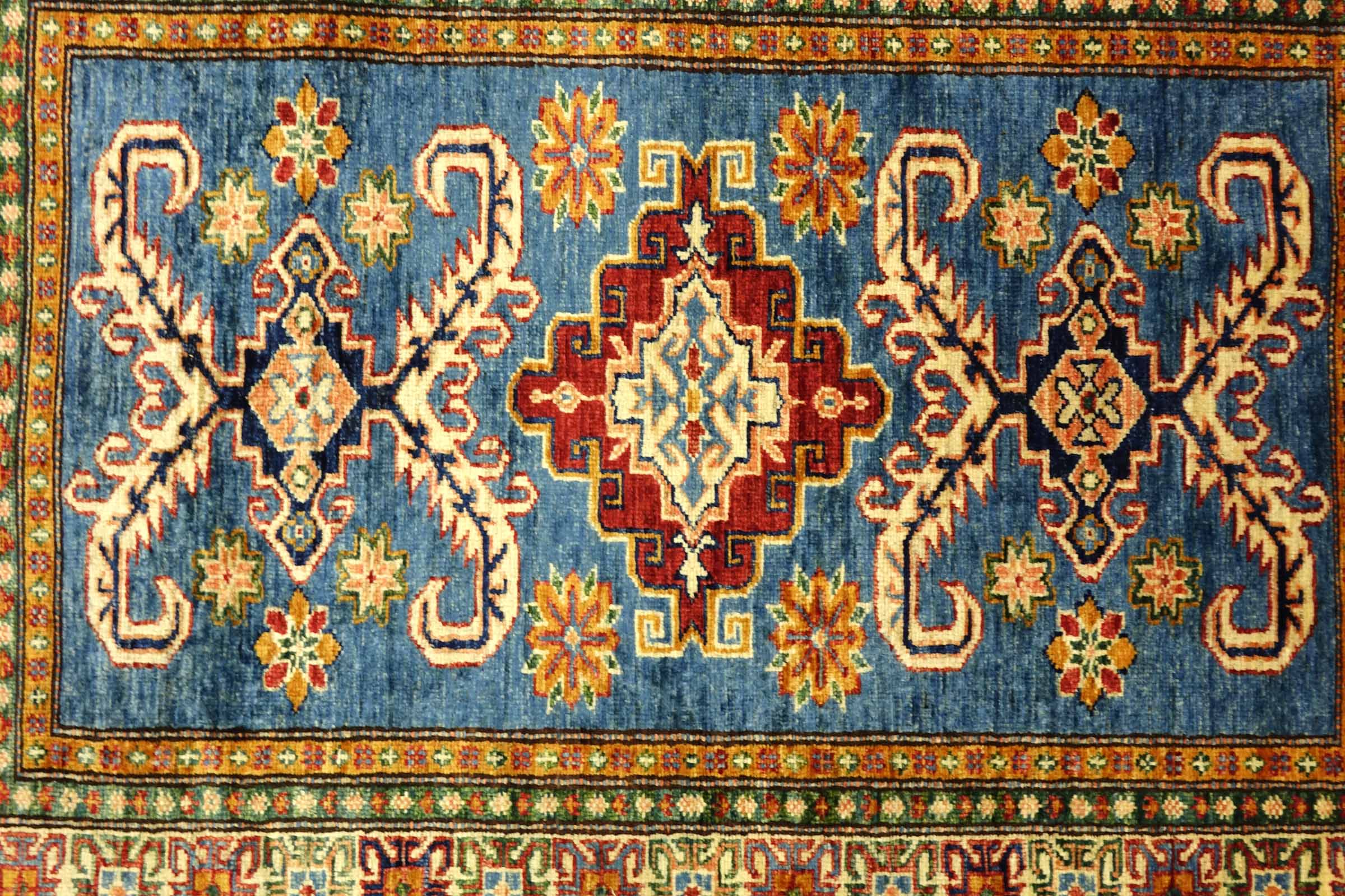 Afghan Kazak Fein 100x150 Handgeknüpft Orientteppich Blau Umrandung Wolle