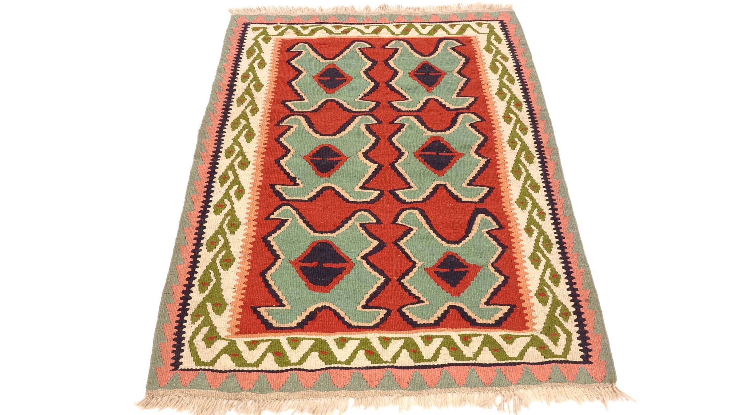 Perserteppich Kelim Ardebil 100x140 Handgewebt Grün Geometrisch Handarbeit Zimmer