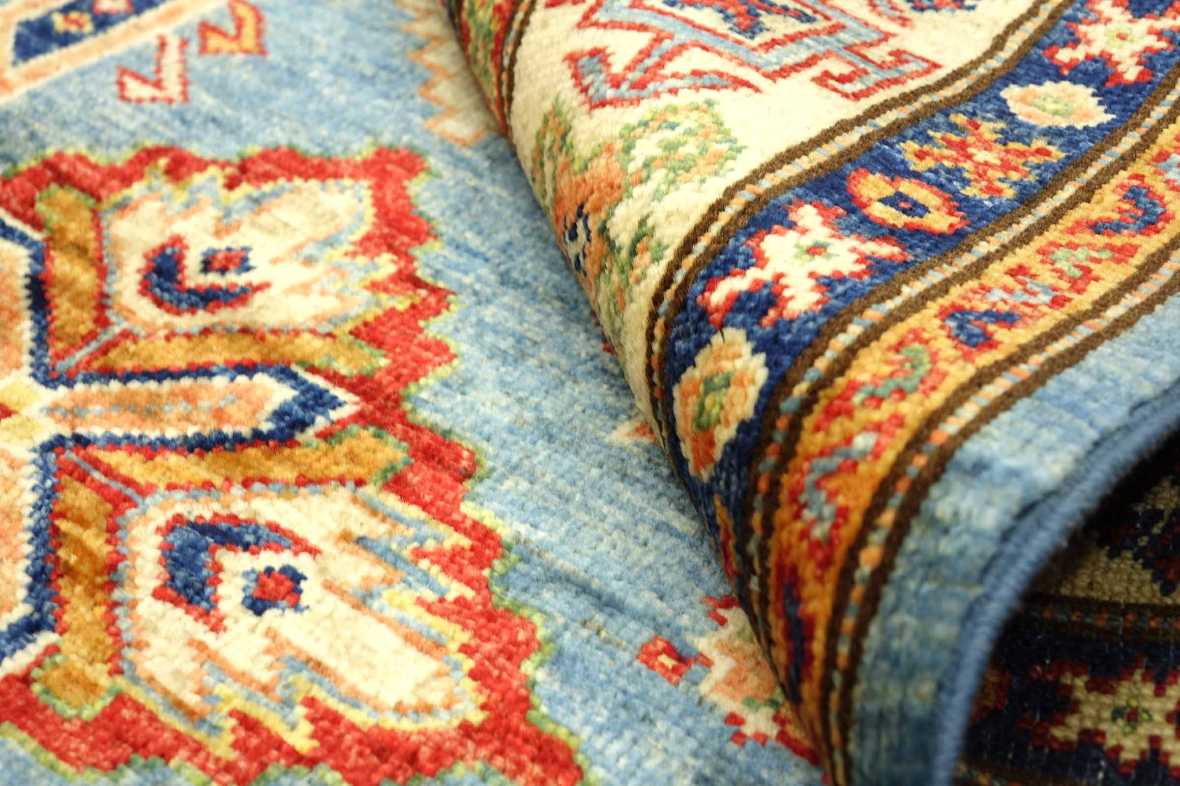 Afghan Kazak Fein 100x150 Handgeknüpft Orientteppich Blau Umrandung Wolle