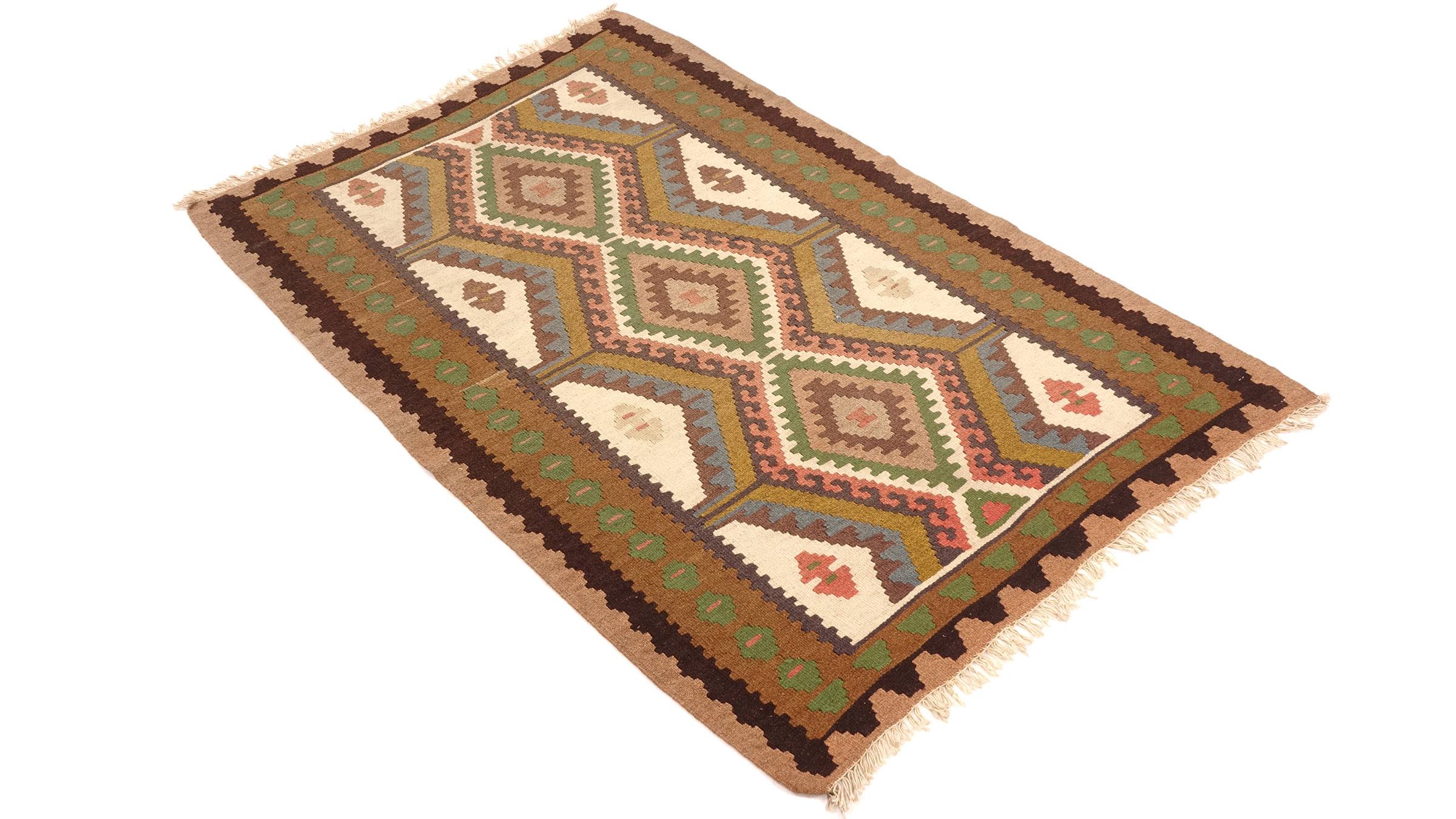 Perserteppich Kelim Ardebil 100x150 Handgewebt Braun Geometrisch Handarbeit Zimmer