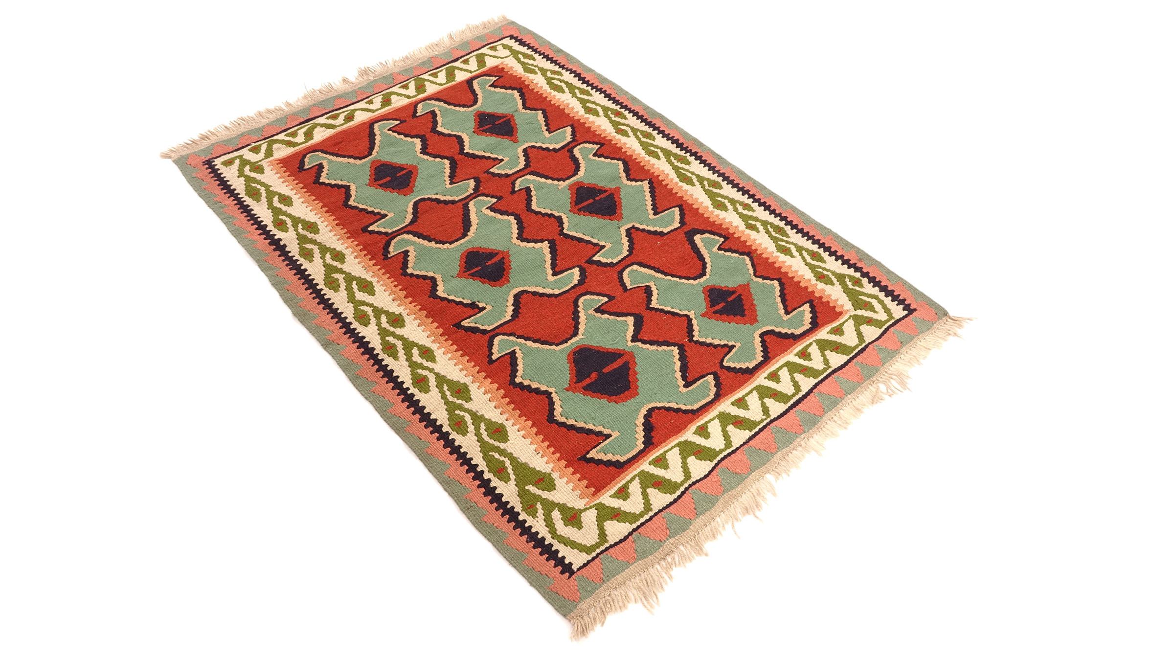 Perserteppich Kelim Ardebil 100x140 Handgewebt Grün Geometrisch Handarbeit Zimmer