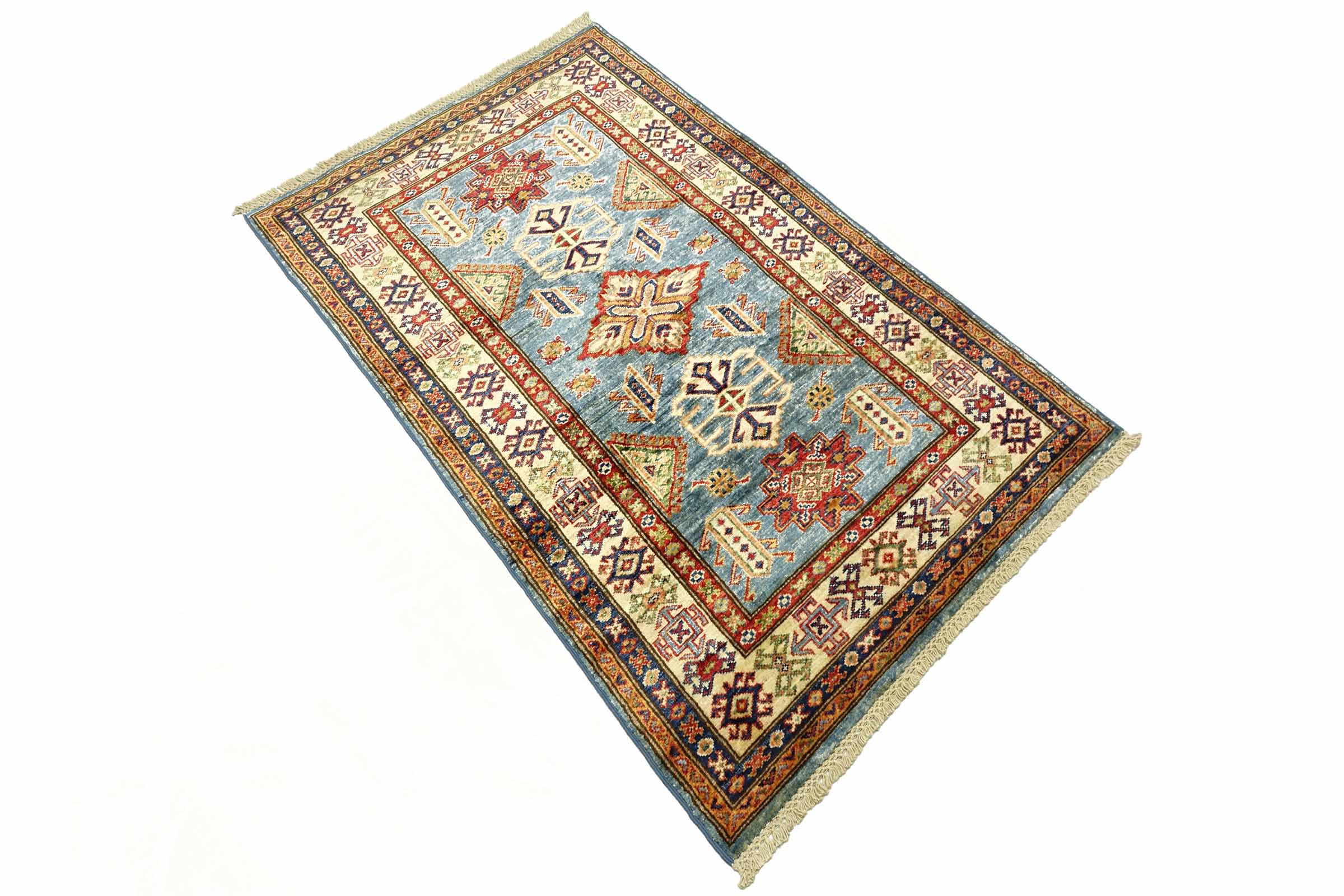 Afghan Kazak Fein 100x150 Handgeknüpft Orientteppich Blau Umrandung Wolle