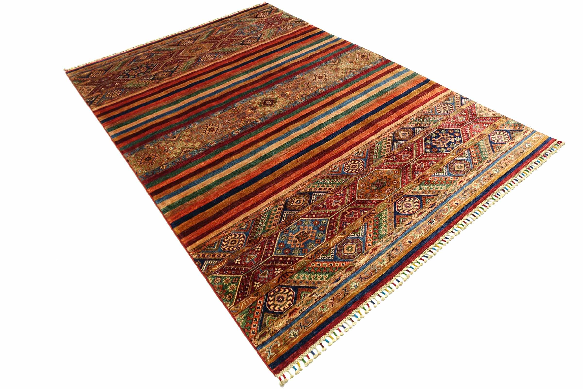 Afghan Khorjin Shaal 200x300 Handgeknüpft Orientteppich Rot Streifen Wolle