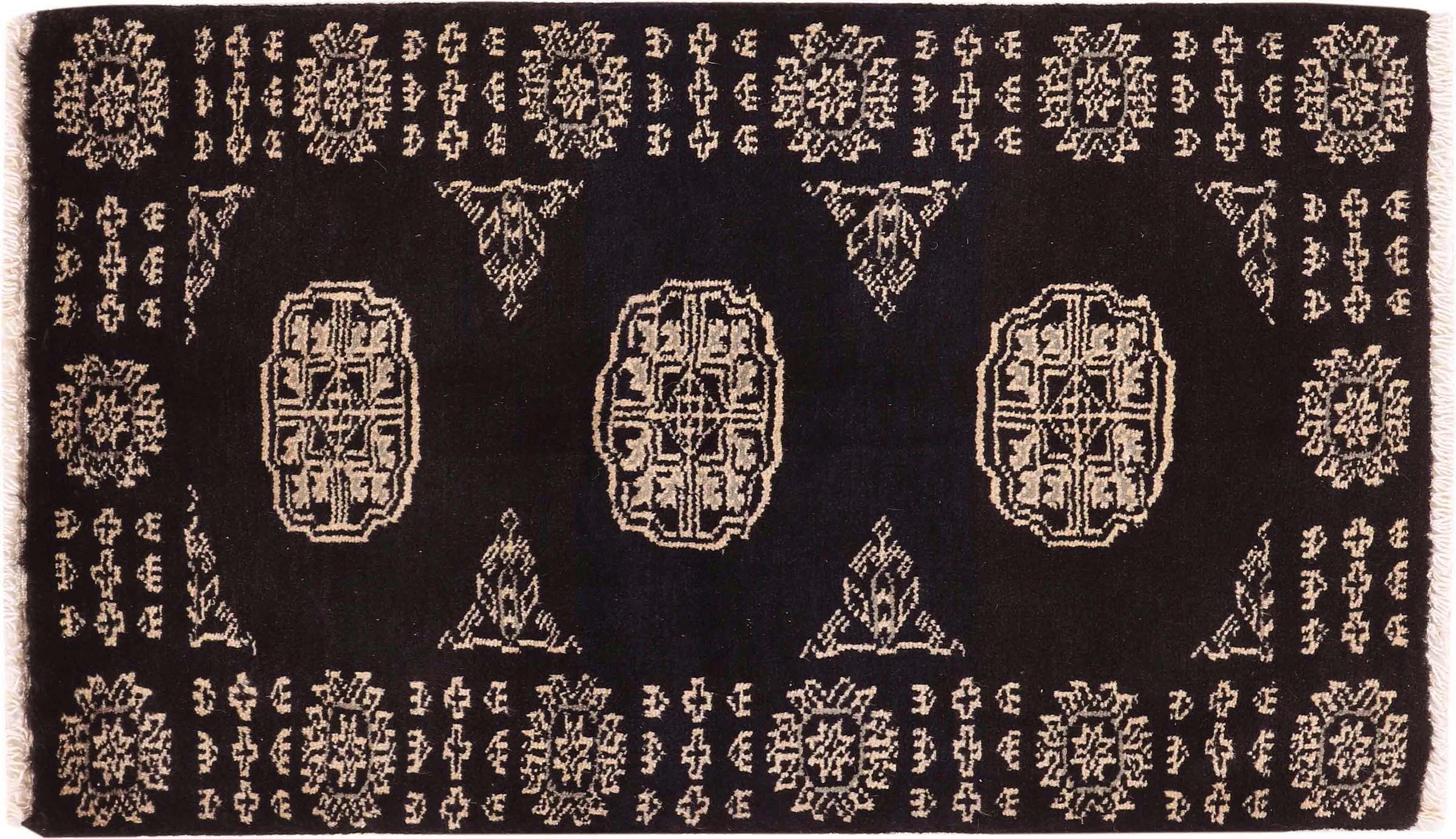 Pakistan Buchara 3ply Teppich 50x80 Handgeknüpft Schwarz Geometrisch Orient Kurzflor
