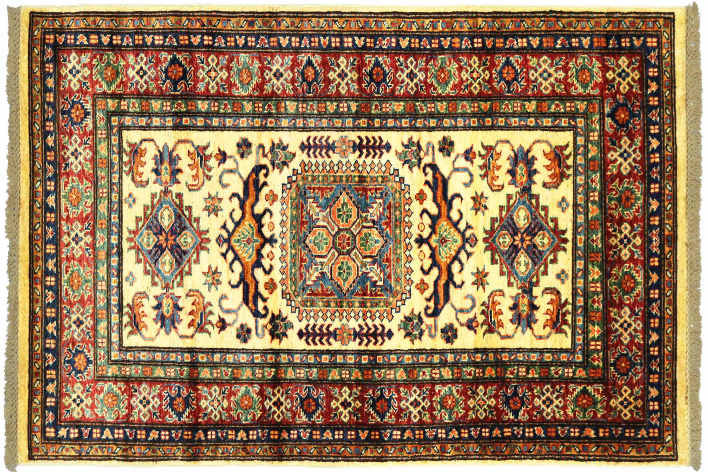 Afghan Kazak Fein 100x150 Handgeknüpft Orientteppich Beige Umrandung Wolle