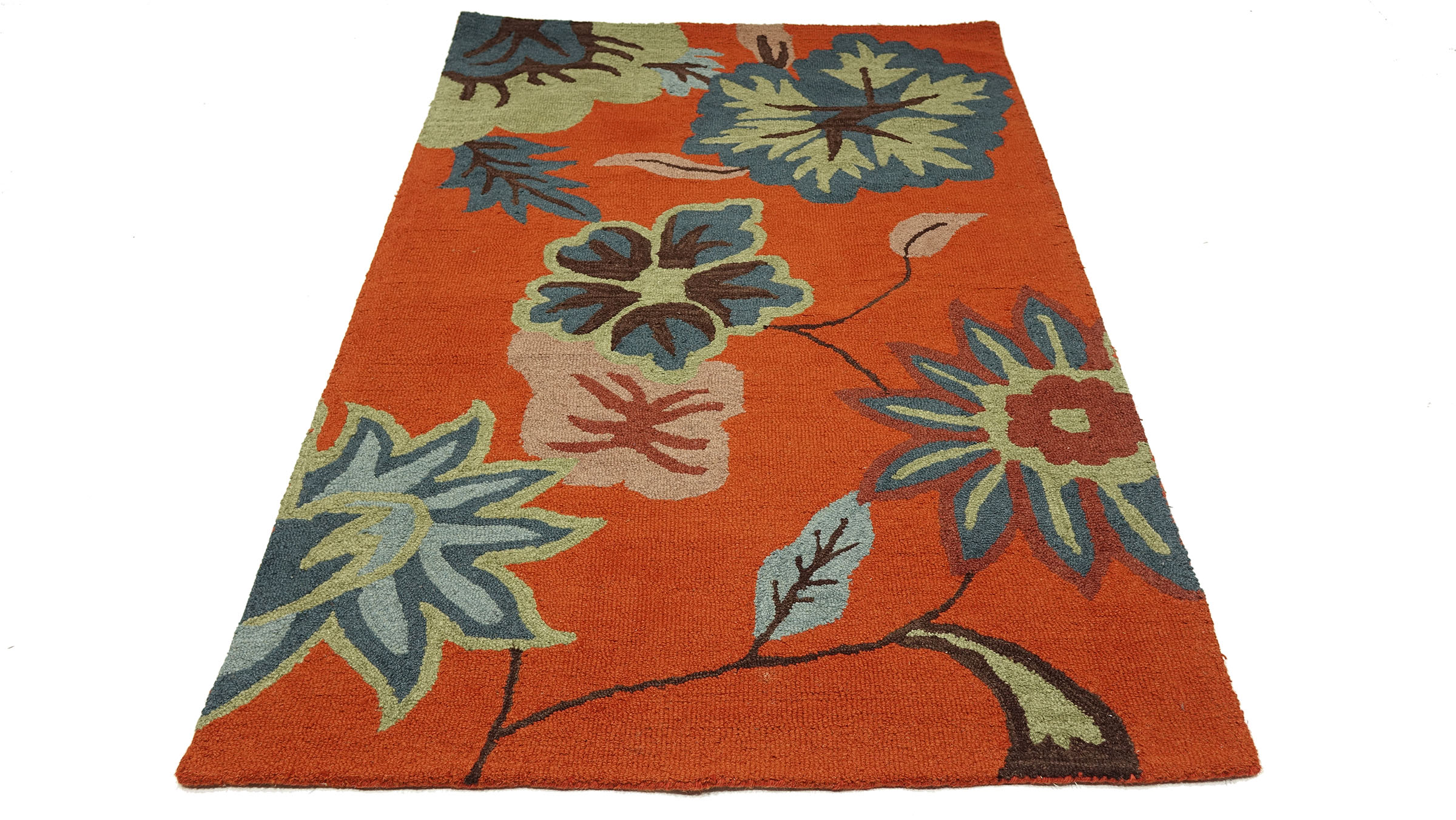 Handgefertigter Teppich Blumen Wolle in 120x180 160x230 Orange Floral Handarbeit