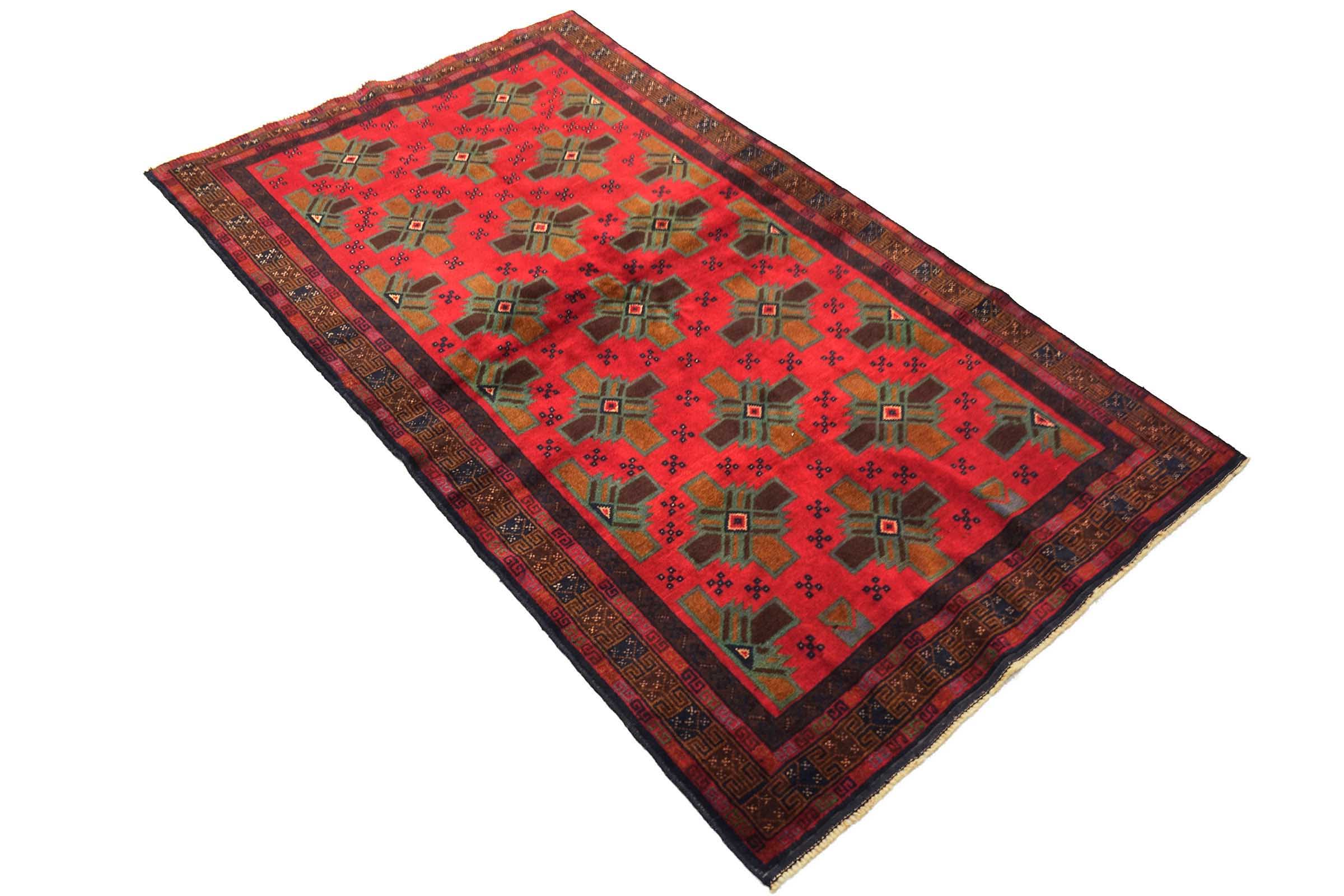 Afghan Belutsch Kreuze 110x200 Handgeknüpft Orientteppich Rot Geometrisch Wolle
