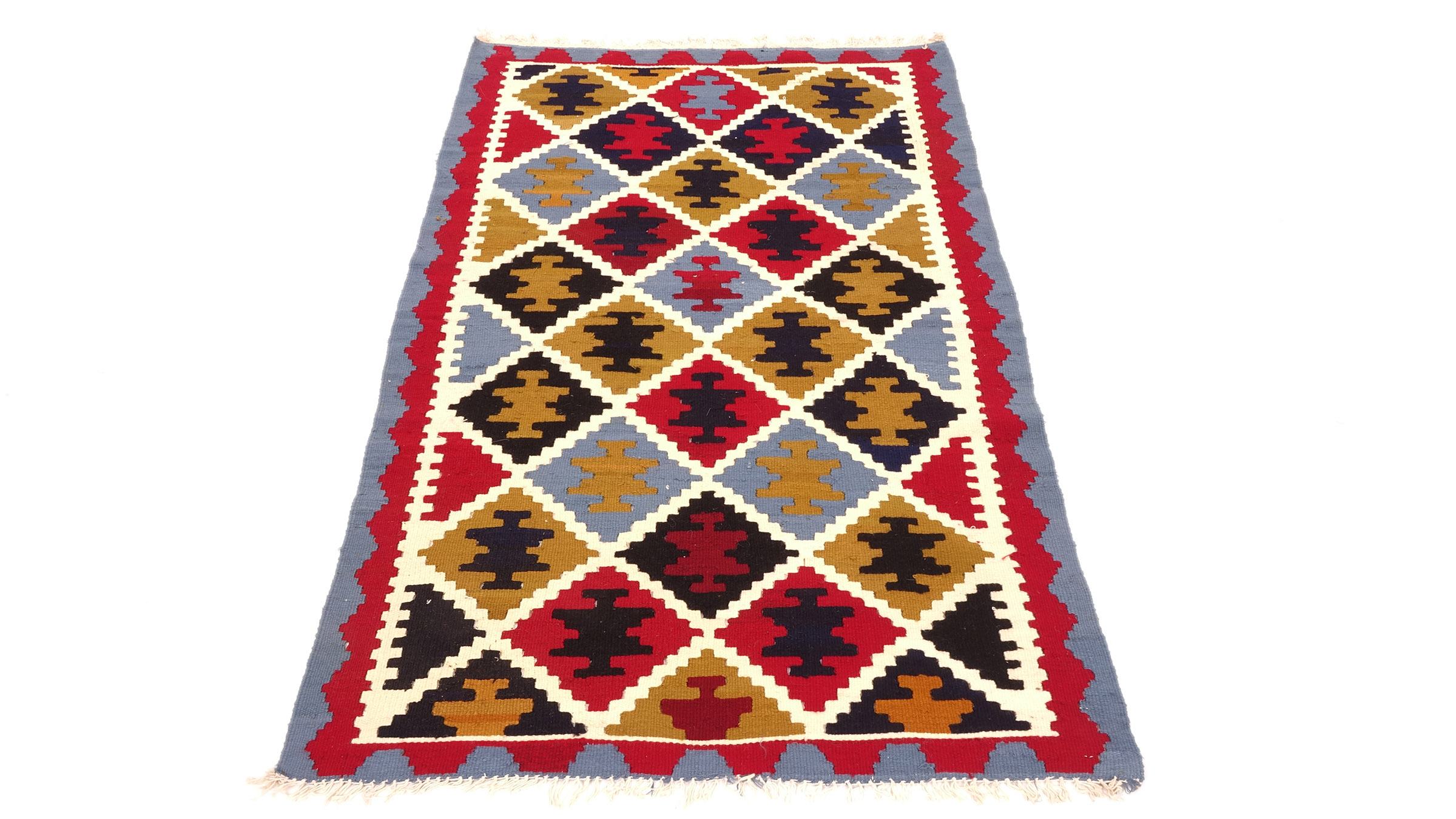 Perserteppich Kelim Ardebil 100x150 Handgewebt Blau Geometrisch Handarbeit Zimmer