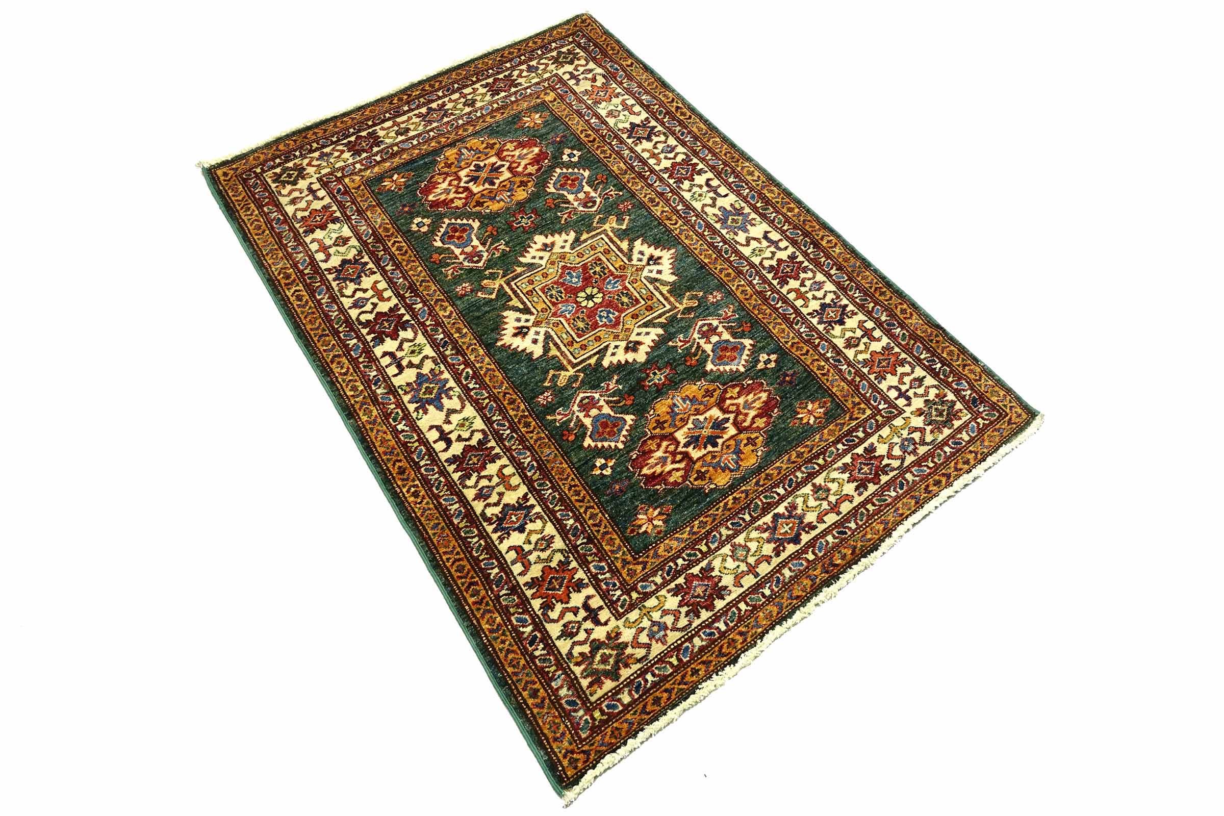 Afghan Kazak Fein 100x150 Handgeknüpft Orientteppich grün Umrandung Wolle
