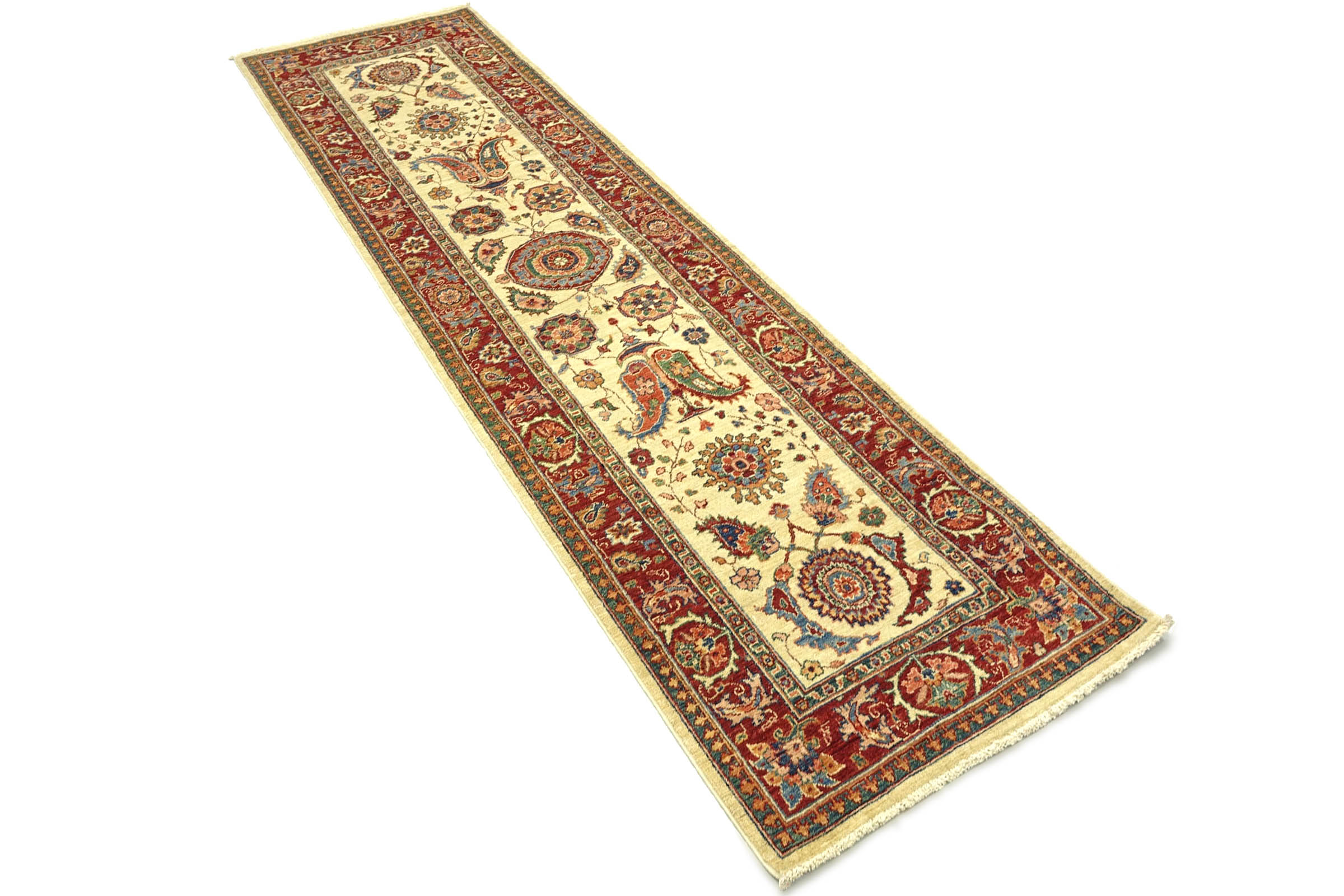 Afghan Chobi Ziegler 80x300 Handgeknüpft Orientteppich Läufer Beige Blumenmuster