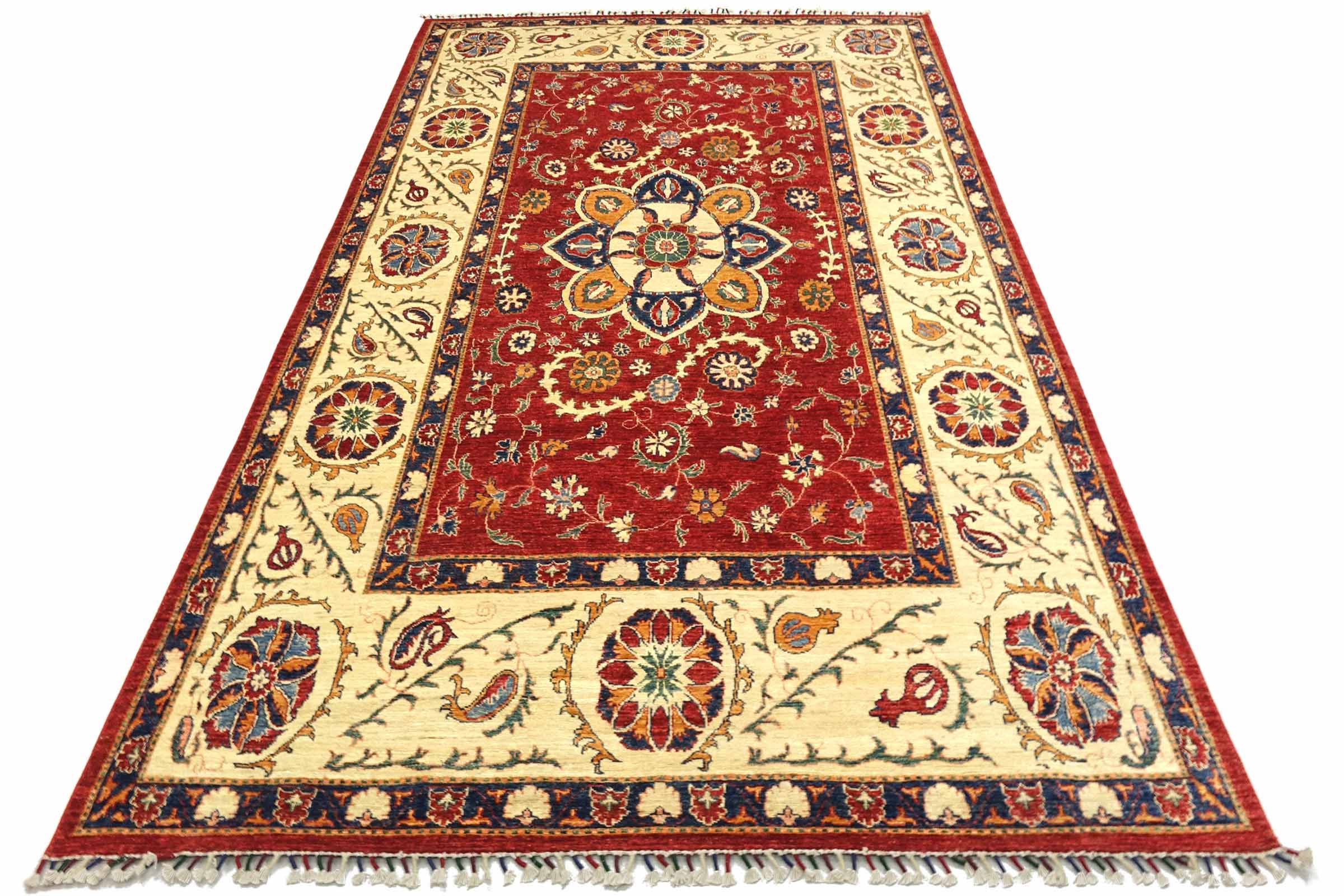 Afghan Chobi Ziegler 200x300 Handgeknüpft Orientteppich Rot Medaillon Wolle