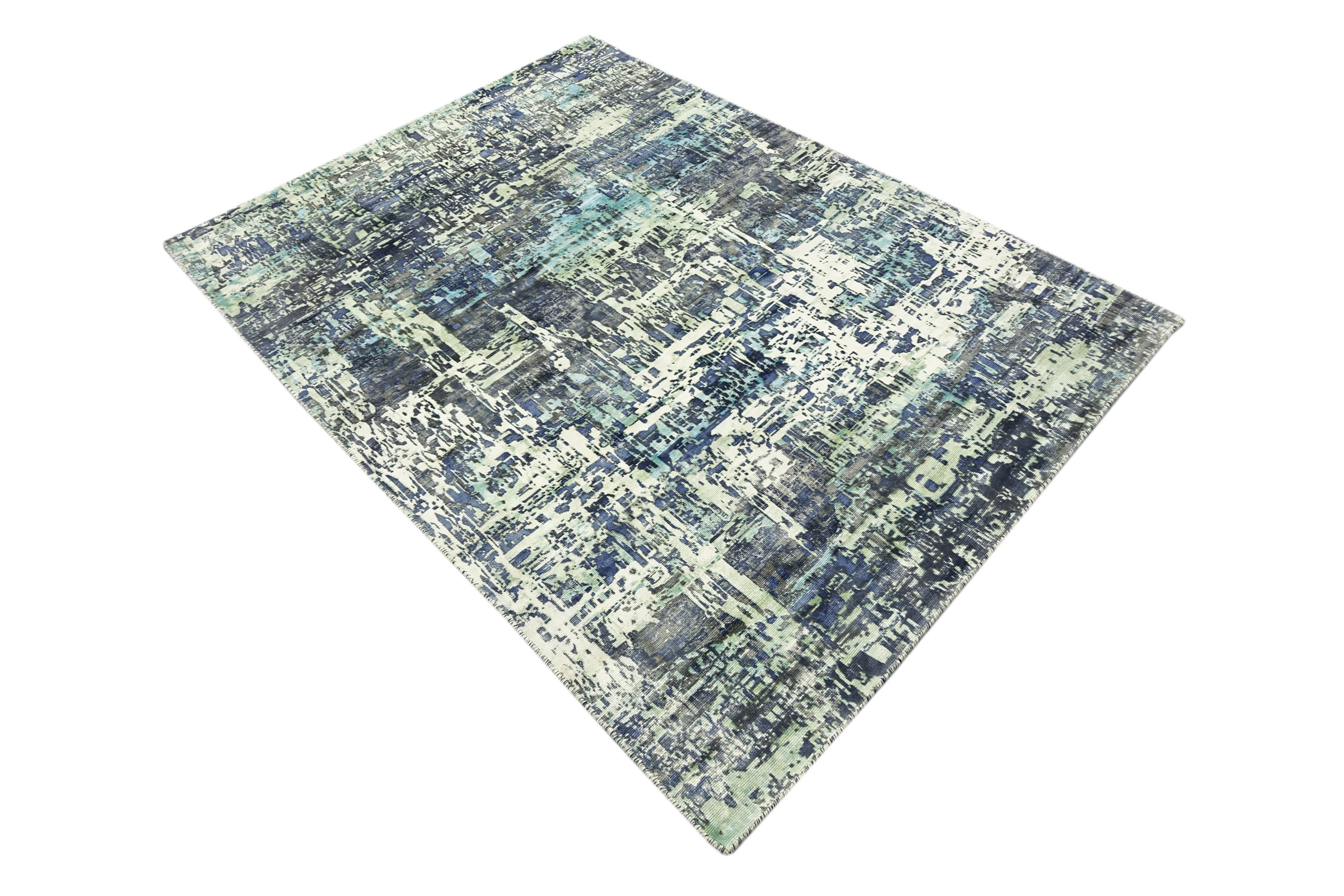 Handloom Vintage 220x160 Handgewebt Teppich 160x220 Blau Abstrakt Handarbeit Orient