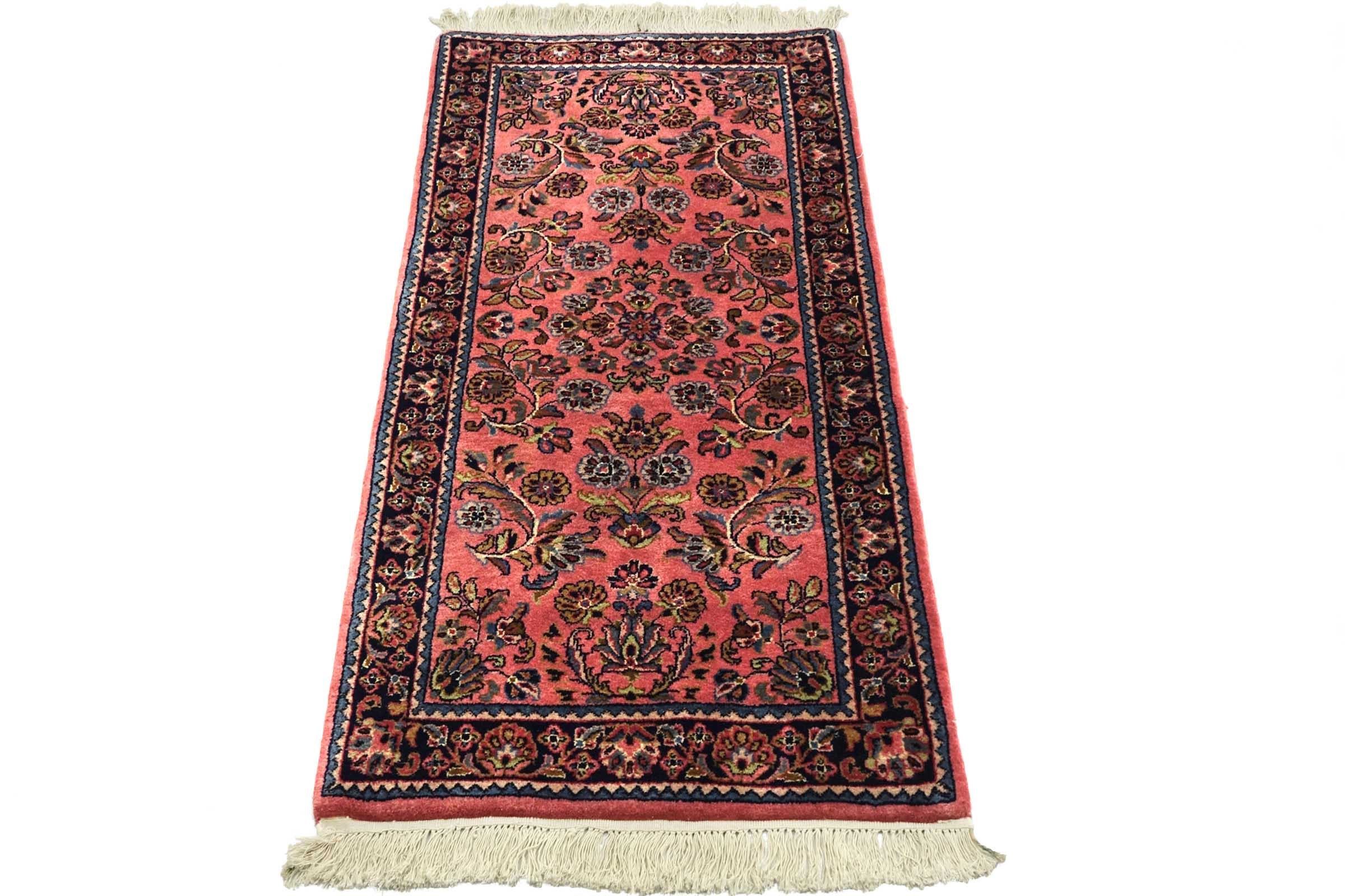 Sarough Teppich 70x140 Handgeknüpft Rosa Floral Wolle Kurzflor Rug