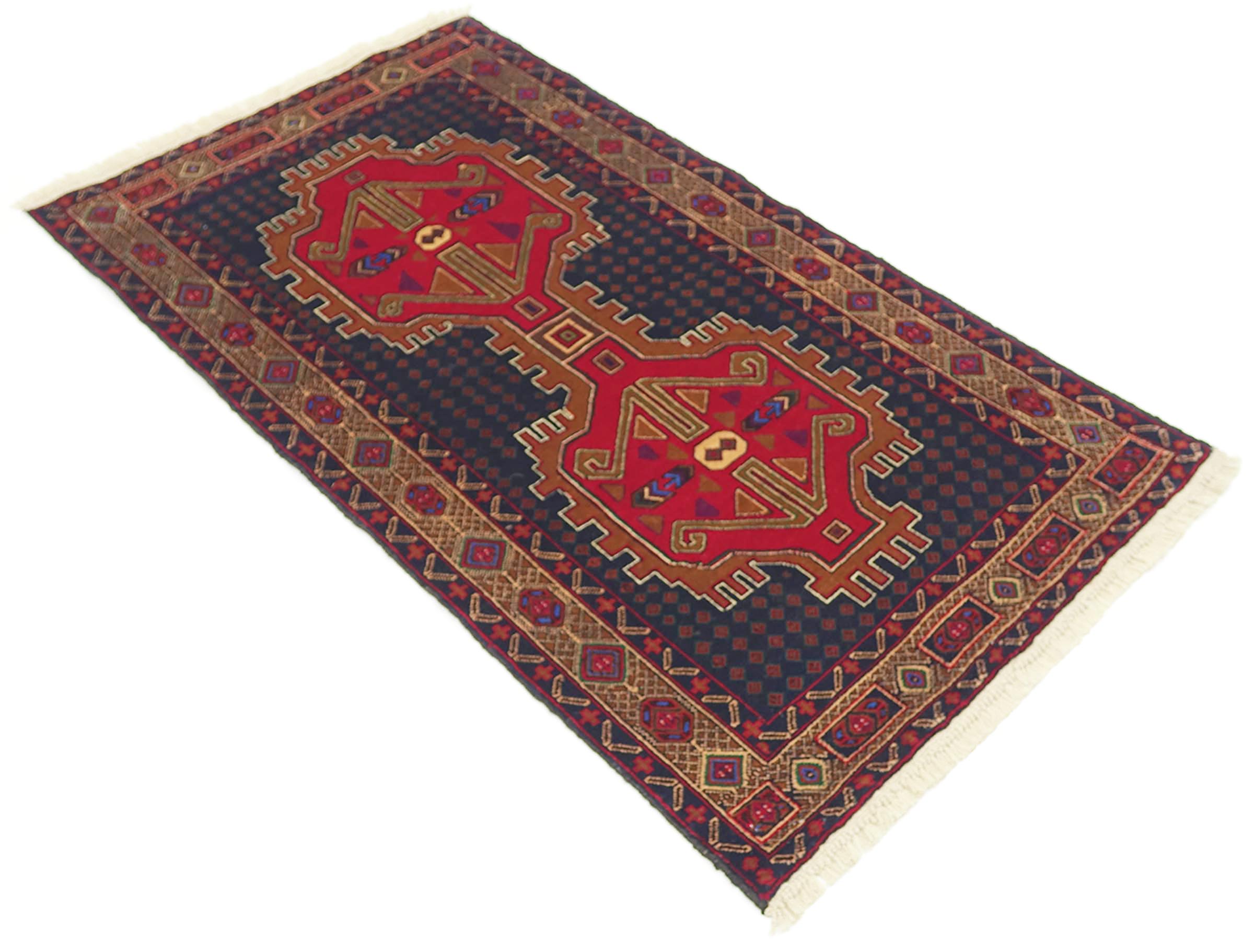 Afghan Teppich 80x150 Handgeknüpft Rot Geometrisch Orient Kurzflor Wohnzimmer