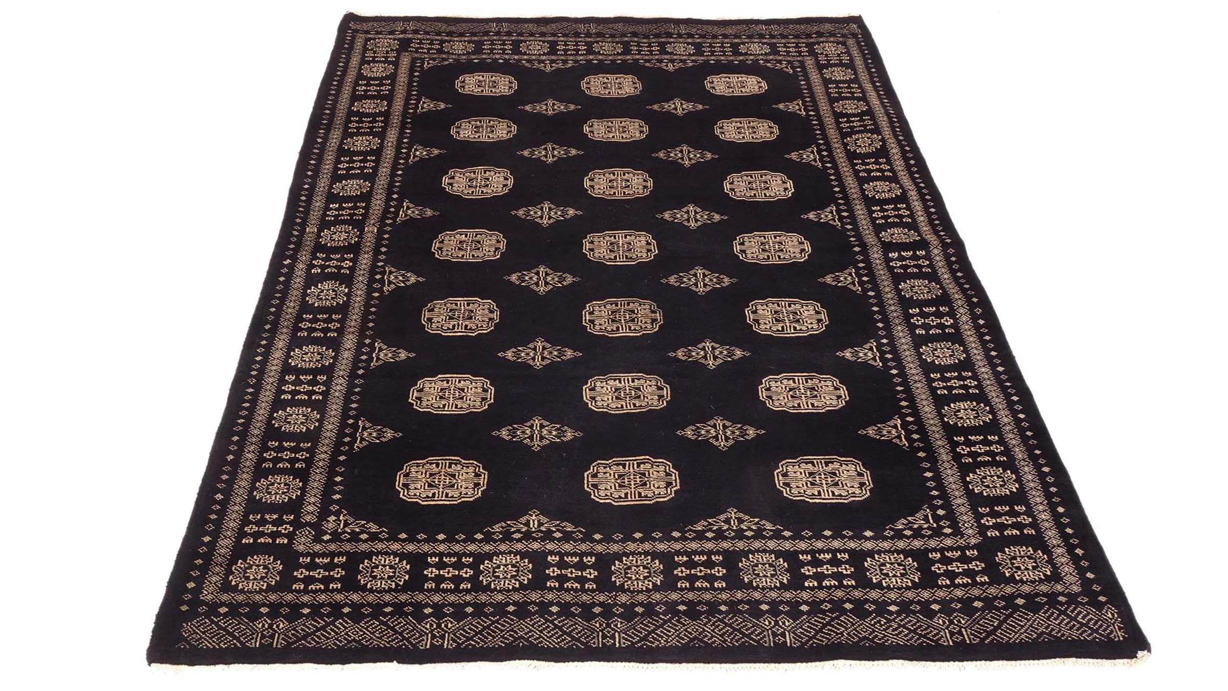 Pakistan Buchara 3ply Teppich 140x200 Handgeknüpft Schwarz Geometrisch Orient Kurzflor