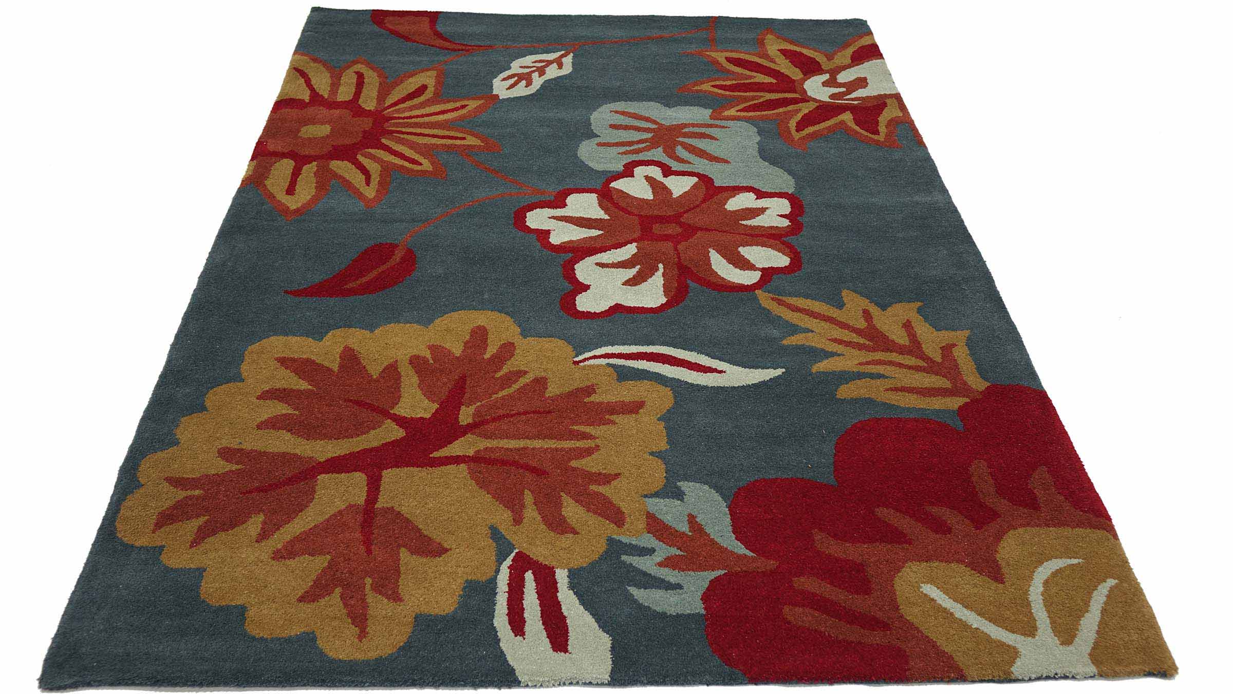 Handgefertigter Teppich Blüte 160x230 Blau Floral Handarbeit Handtuft Modern