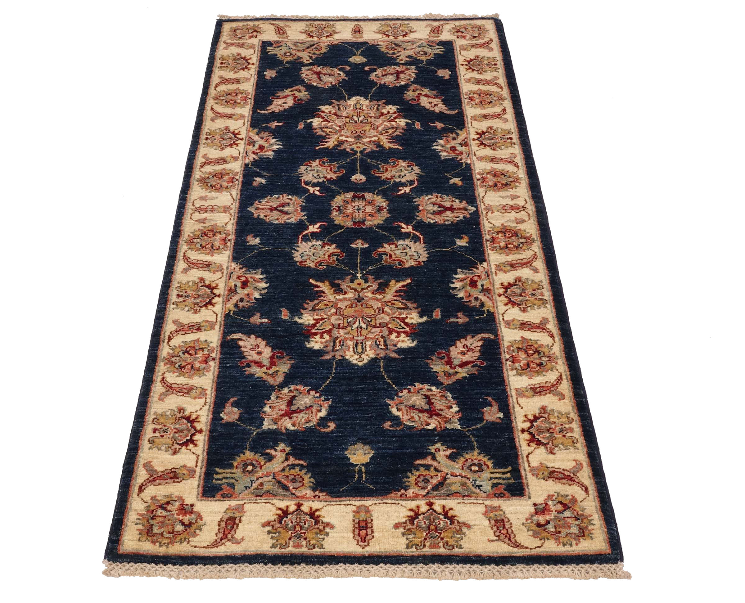 Chobi Ziegler Teppich 80x190 Handgeknüpft Blau Floral Orientalisch UNIKAT Kurzflor