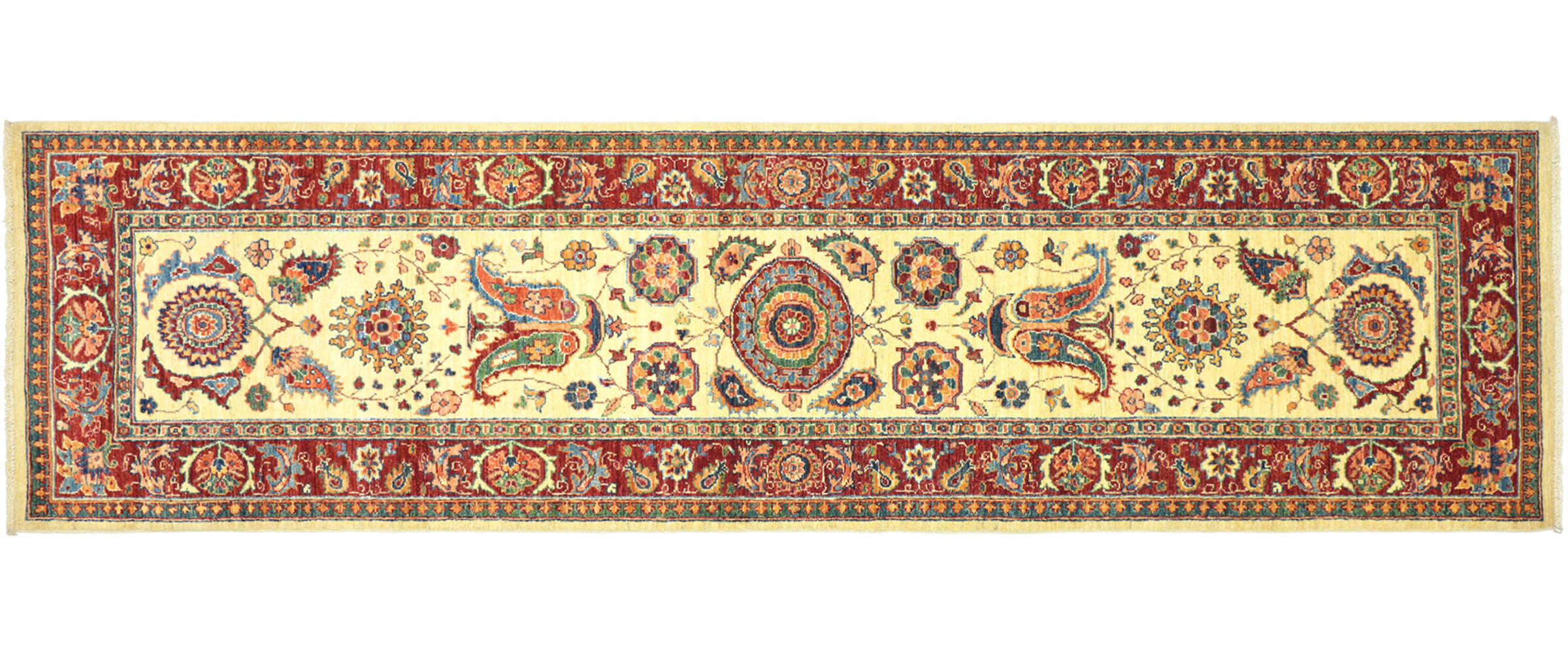 Afghan Chobi Ziegler 80x300 Handgeknüpft Orientteppich Läufer Beige Blumenmuster
