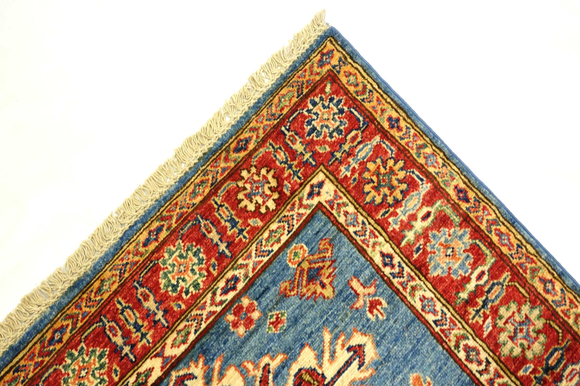 Afghan Kazak Fein 100x150 Handgeknüpft Orientteppich Blau Umrandung Wolle