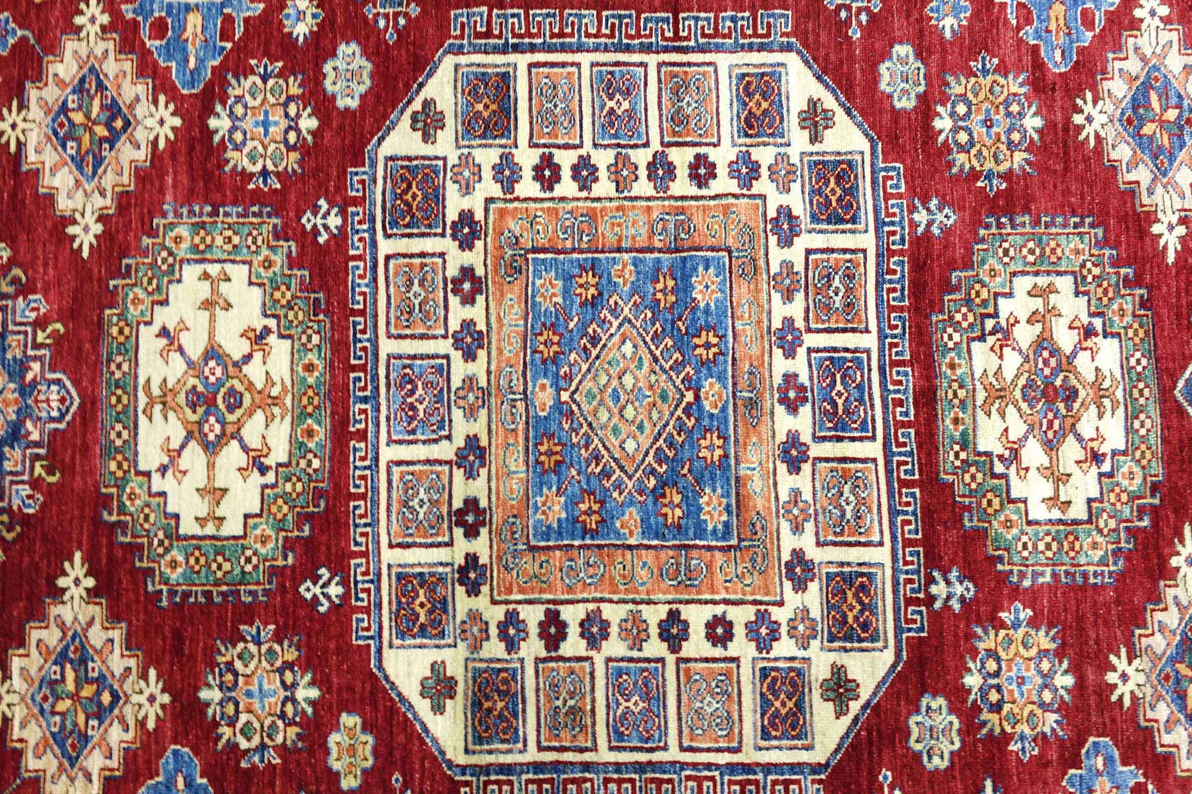 Afghan Feiner Kazak Teppich 250x300 Handgeknüpft Rot Geometrisch Orient Kurzflor