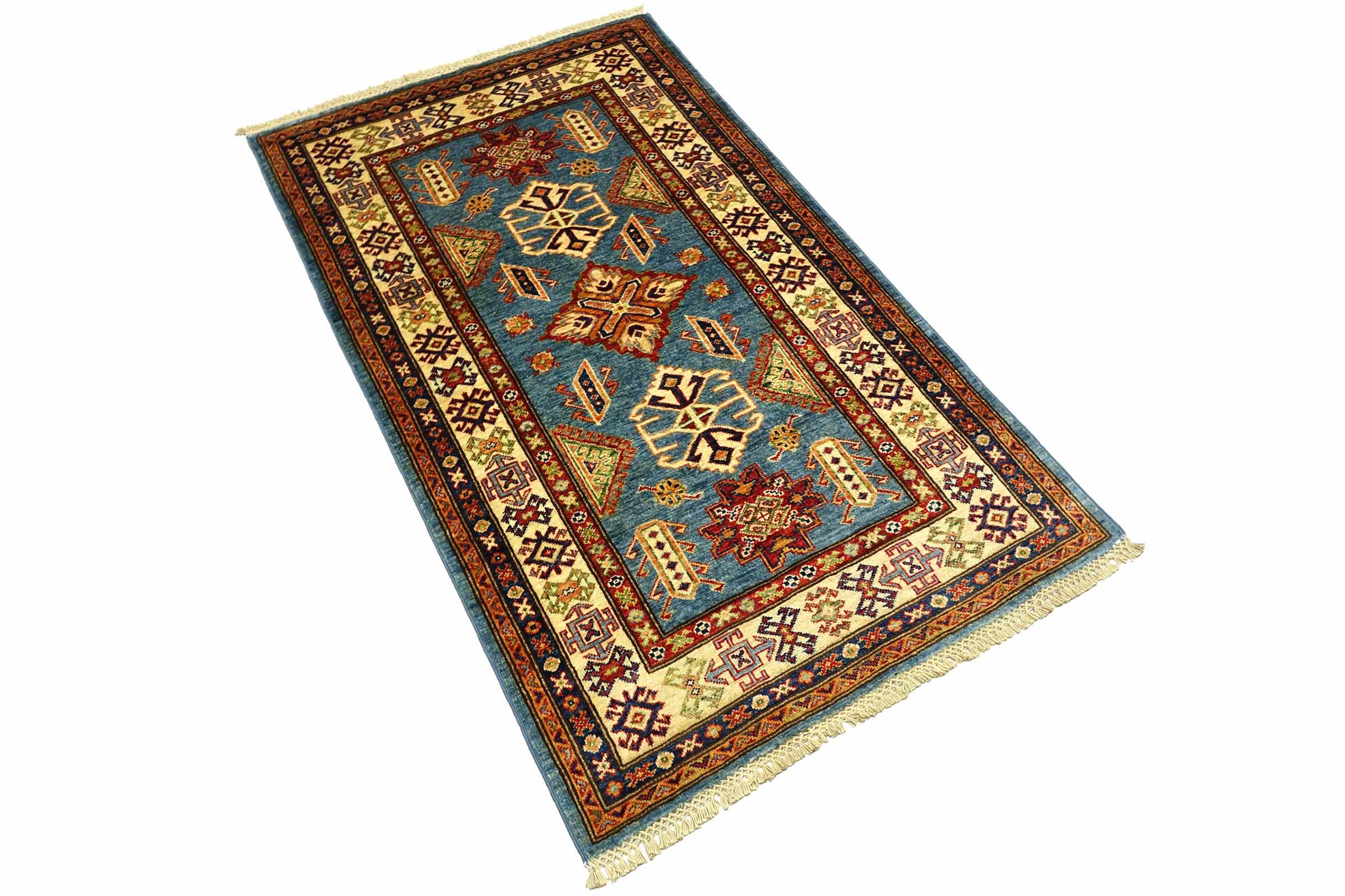 Afghan Kazak Fein 100x150 Handgeknüpft Orientteppich Blau Umrandung Wolle
