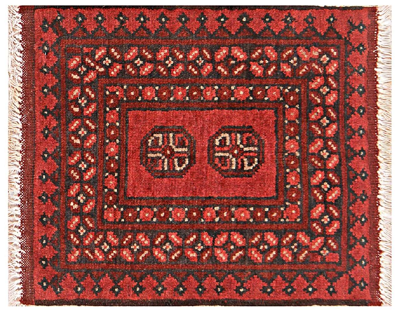 Afghan Aqcha Poshti Teppich 40x60 Handgeknüpft Rot Geometrisch Orient Kurzflor