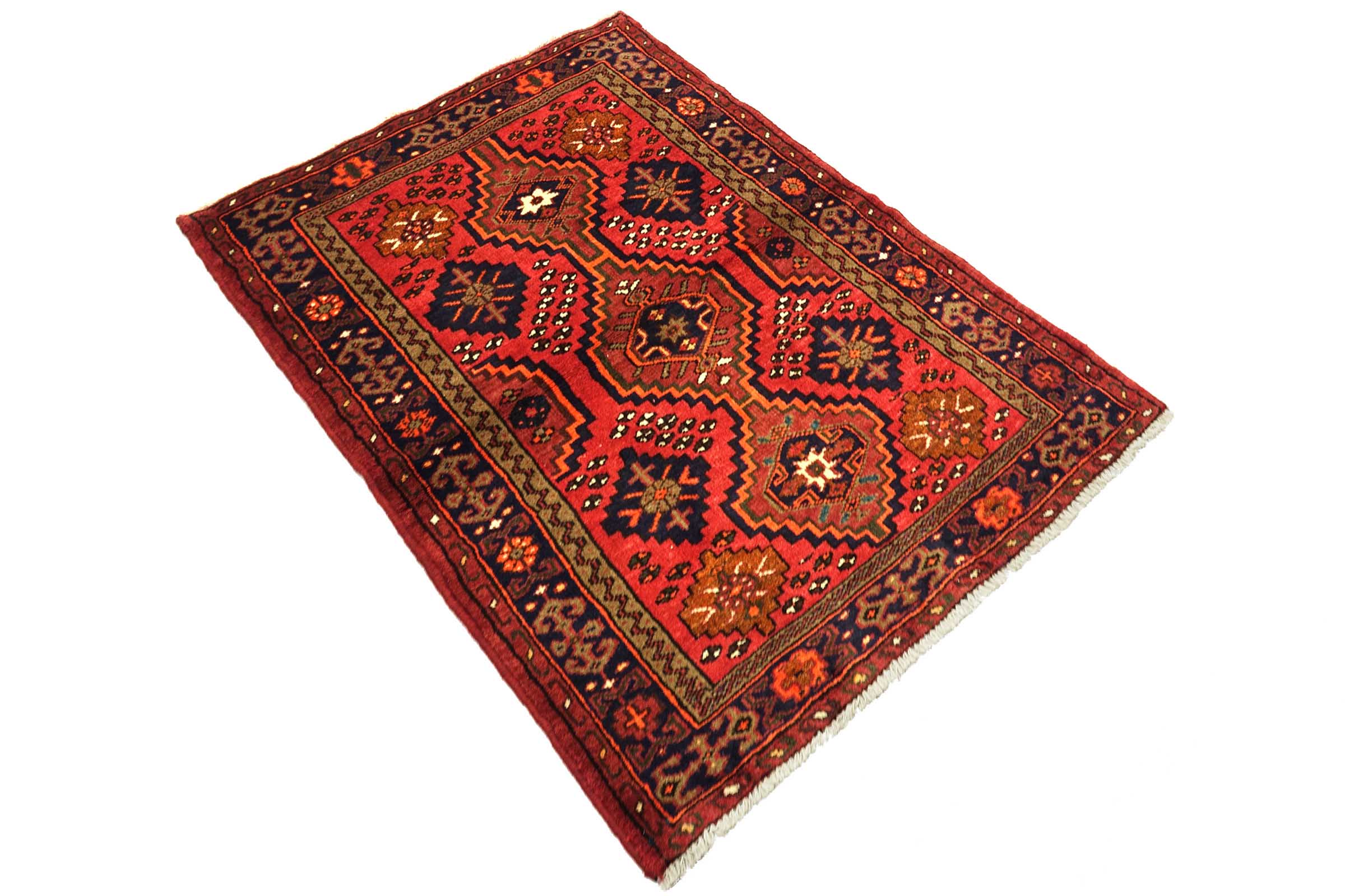 Perser Hamadan 100x140 Handgeknüpft Orientteppich Rot Umrandung Wolle Kurzflor
