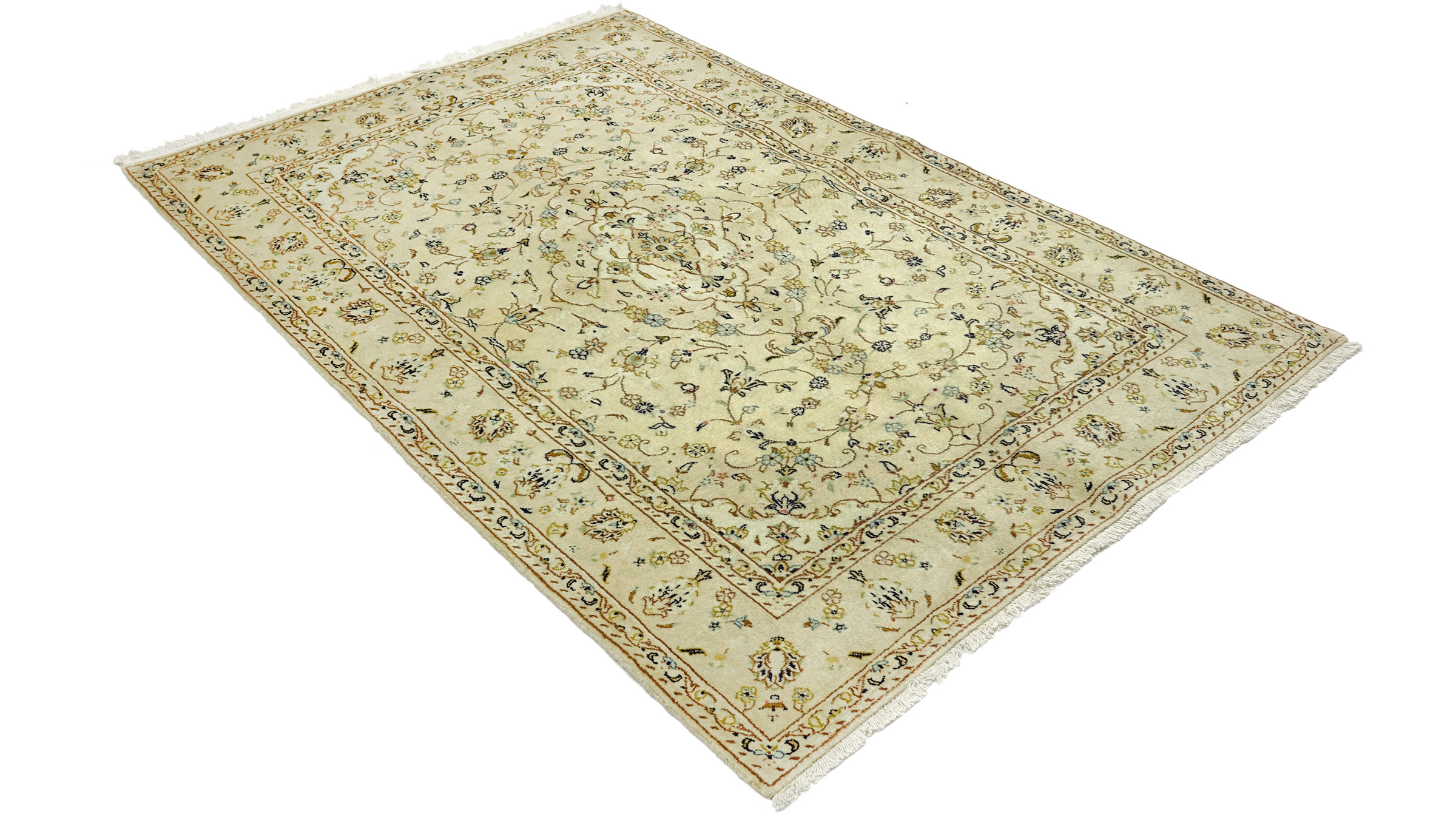 Perserteppich Keshan Teppich 140x220 Handgeknüpft Beige Medaillon Orient Kurzflor