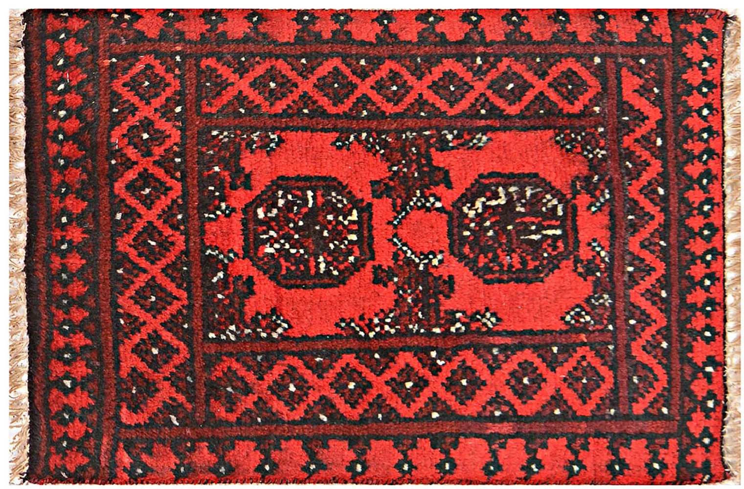 Afghan Aqcha Poshti Teppich 40x60 Handgeknüpft Rot Geometrisch Orient Kurzflor