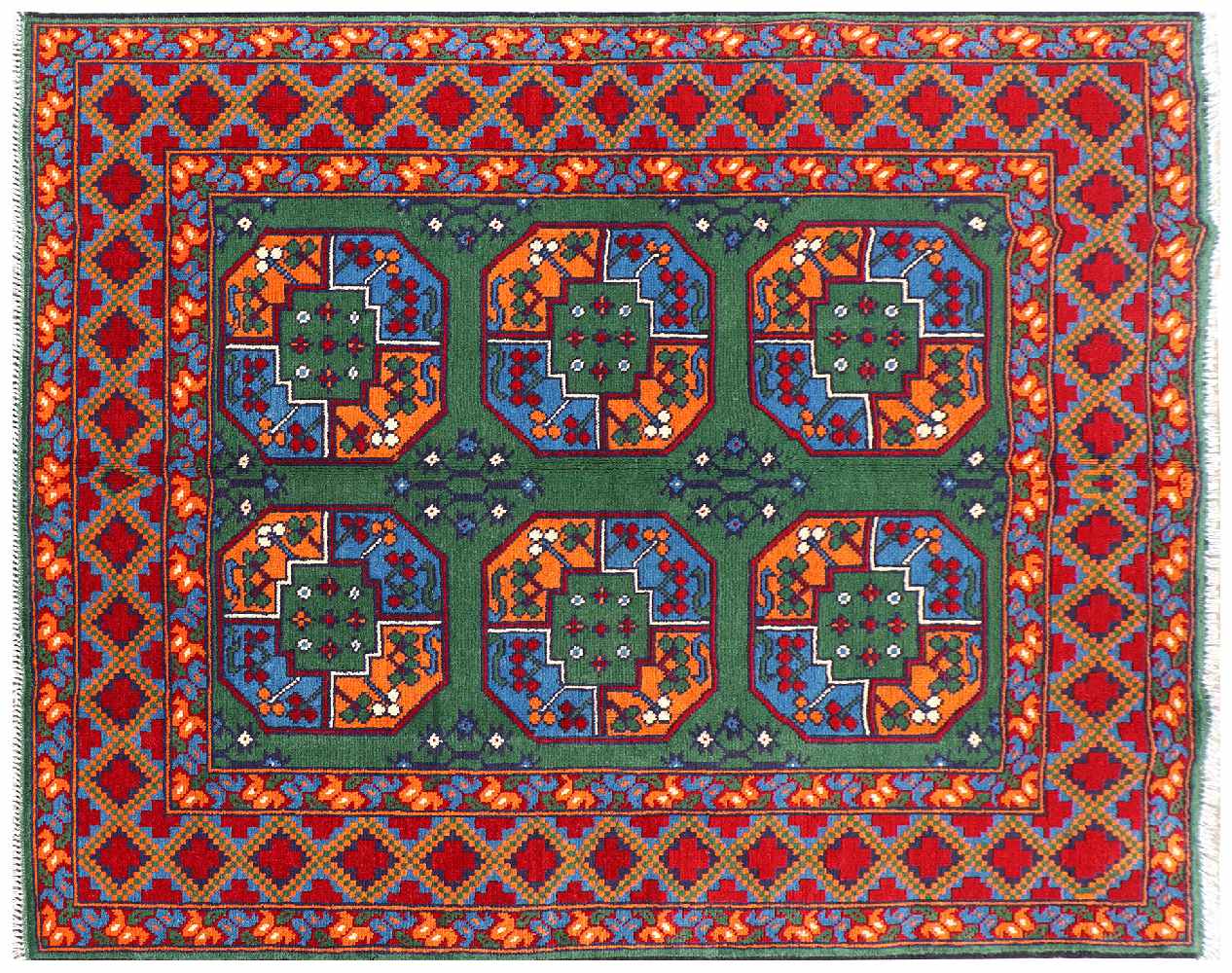 Afghan Akcha Rang Dar Teppich 150x200 Handgeknüpft Grün Durchgemustert Orient Kurzflor