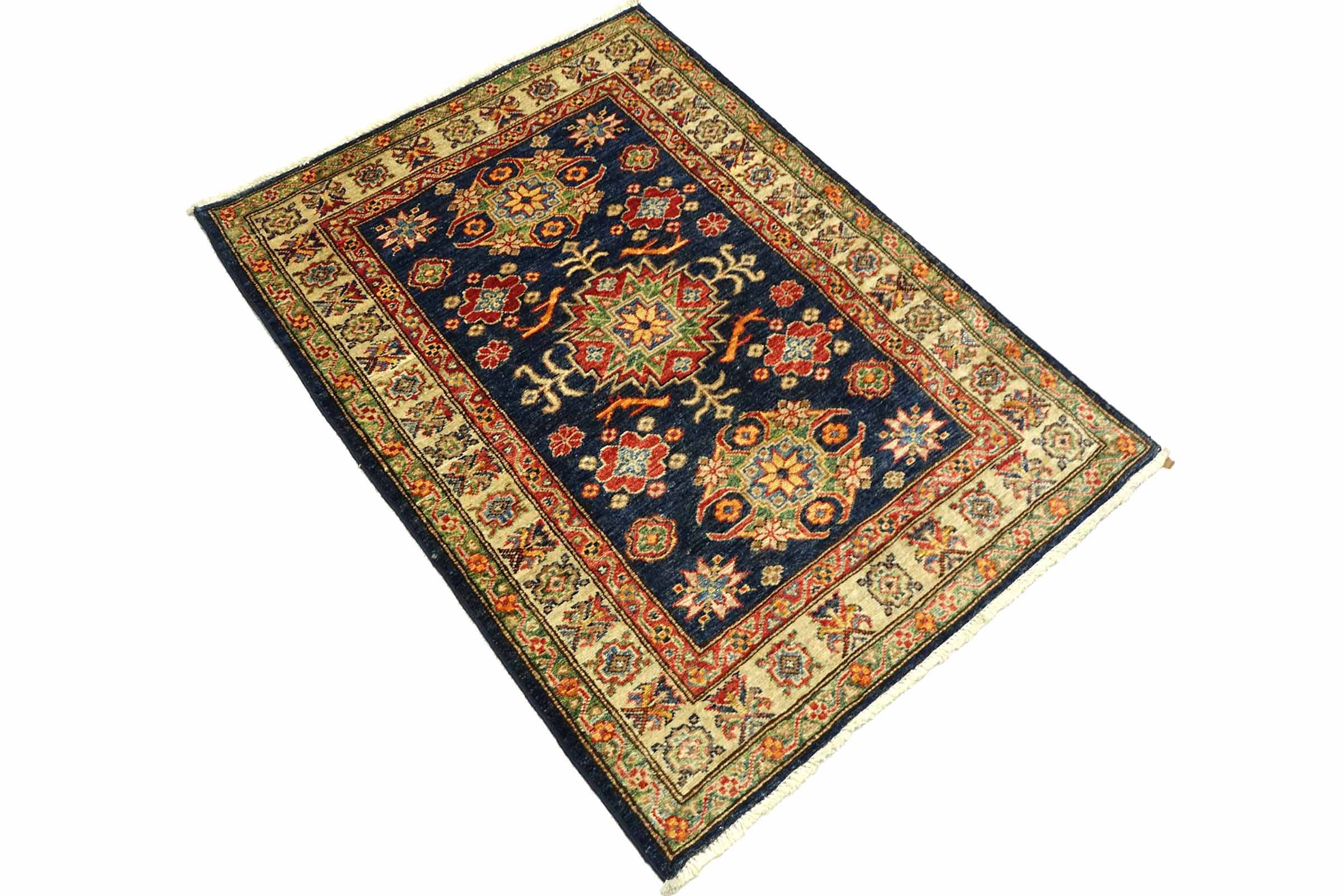Afghan Kazak Fein 100x120 Handgeknüpft Orientteppich Schwarz Umrandung Wolle