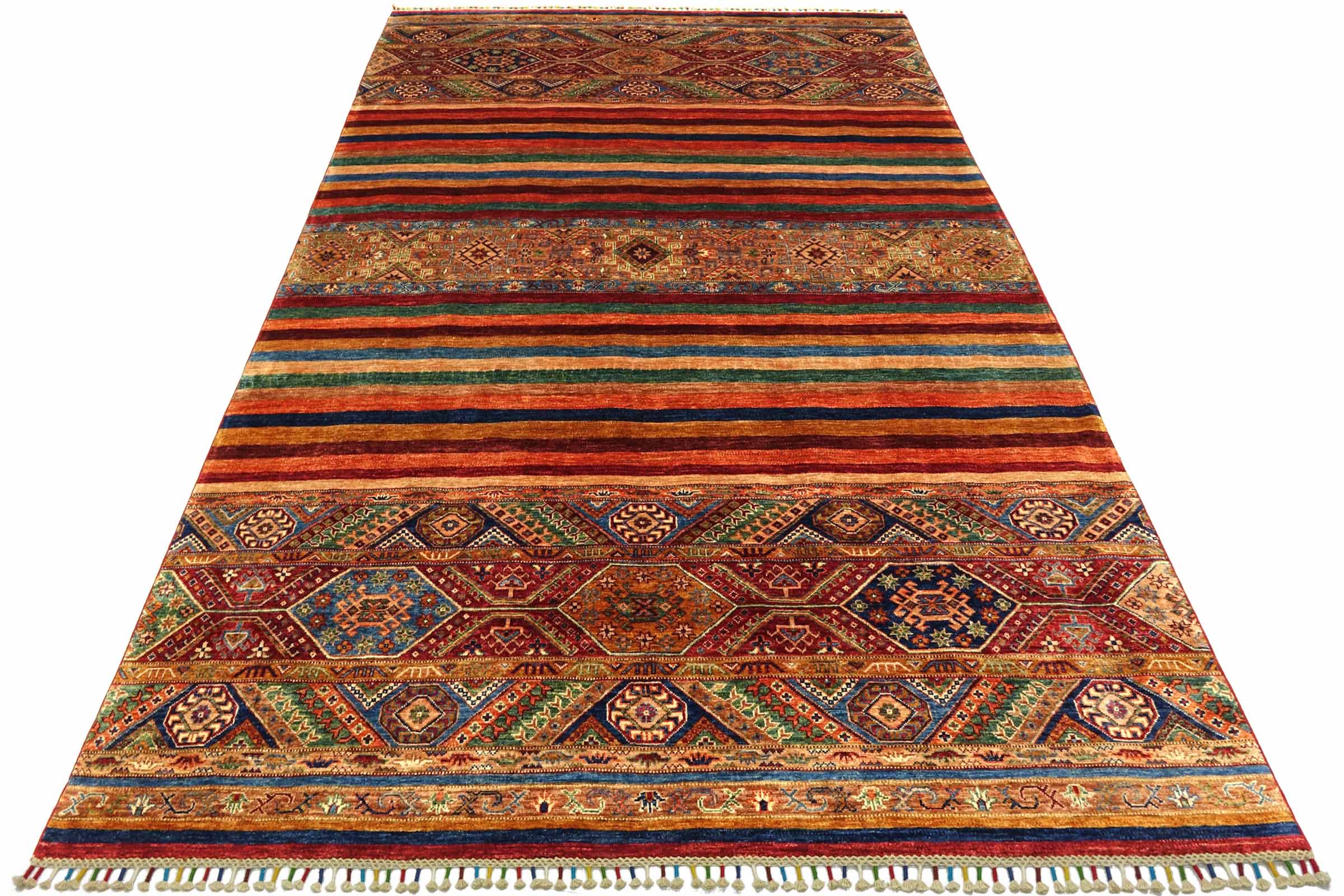 Afghan Khorjin Shaal 200x300 Handgeknüpft Orientteppich Rot Streifen Wolle