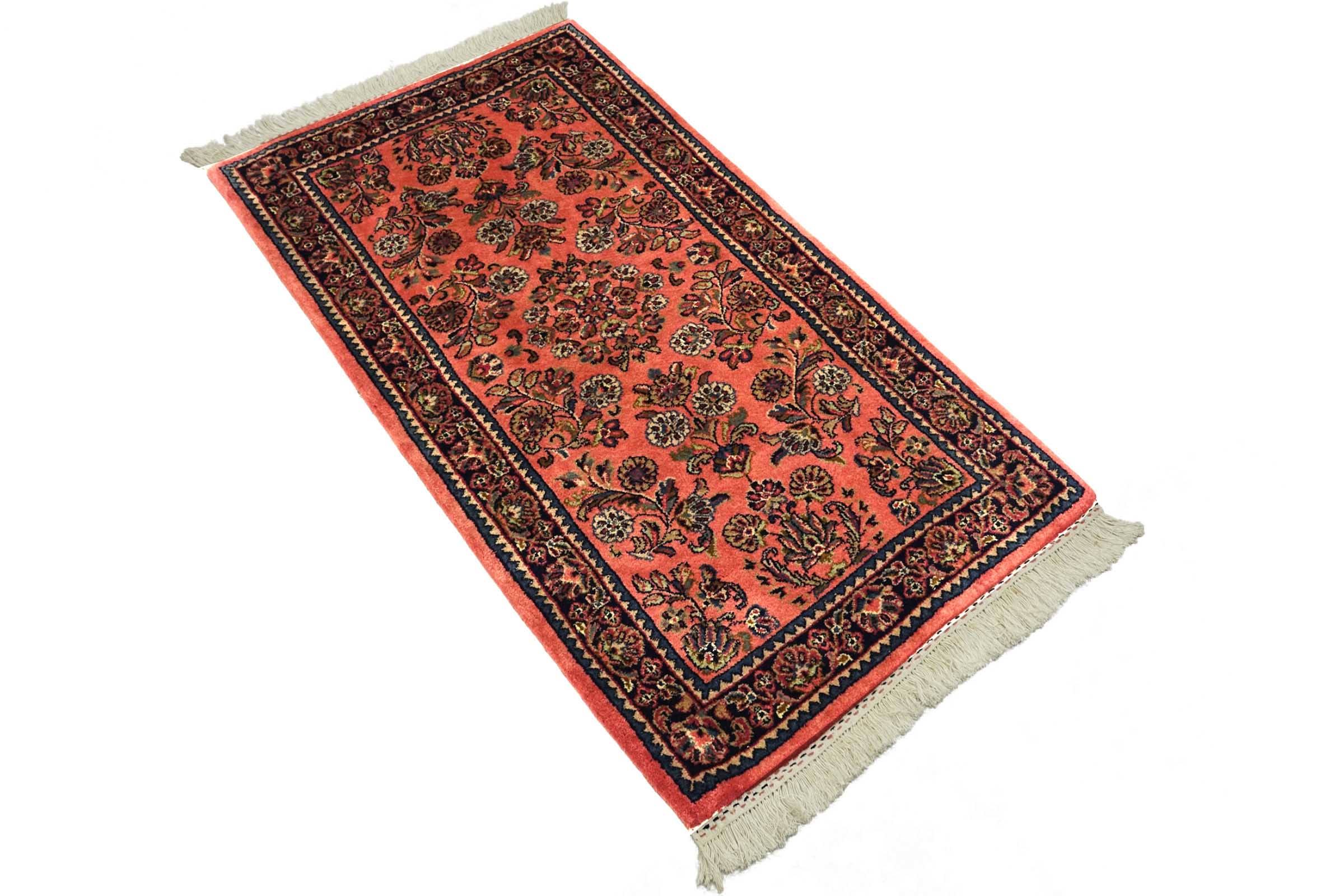 Sarough Teppich 70x140 Handgeknüpft Rosa Floral Wolle Kurzflor Rug