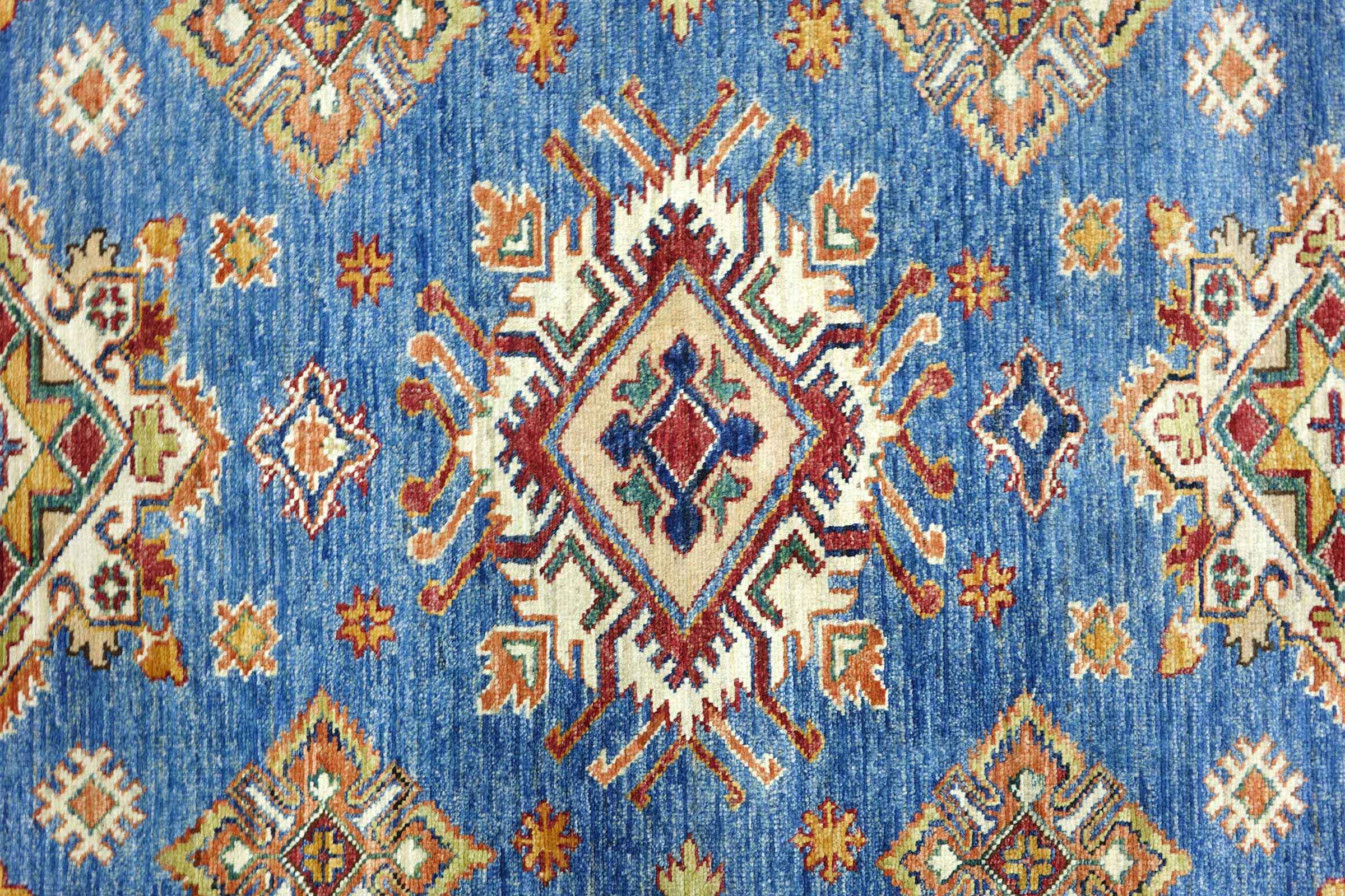 Afghan Feiner Kazak Teppich 240x340 Handgeknüpft Blau Geometrisch Orient Kurzflor