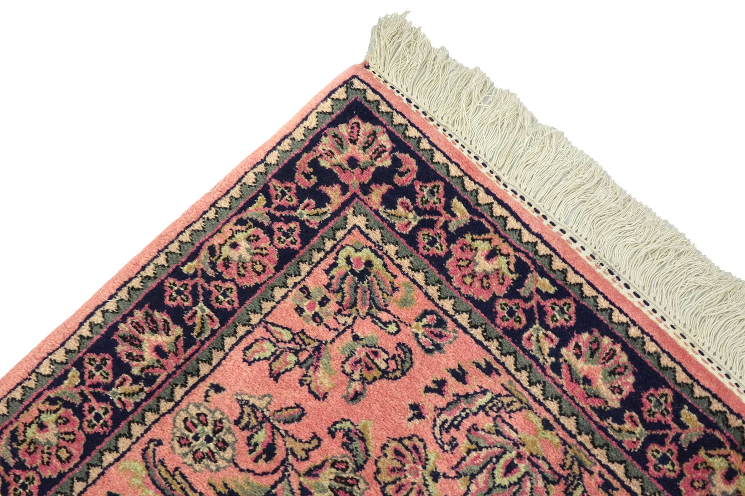 Sarough Teppich 70x140 Handgeknüpft Rosa Floral Wolle Kurzflor Rug