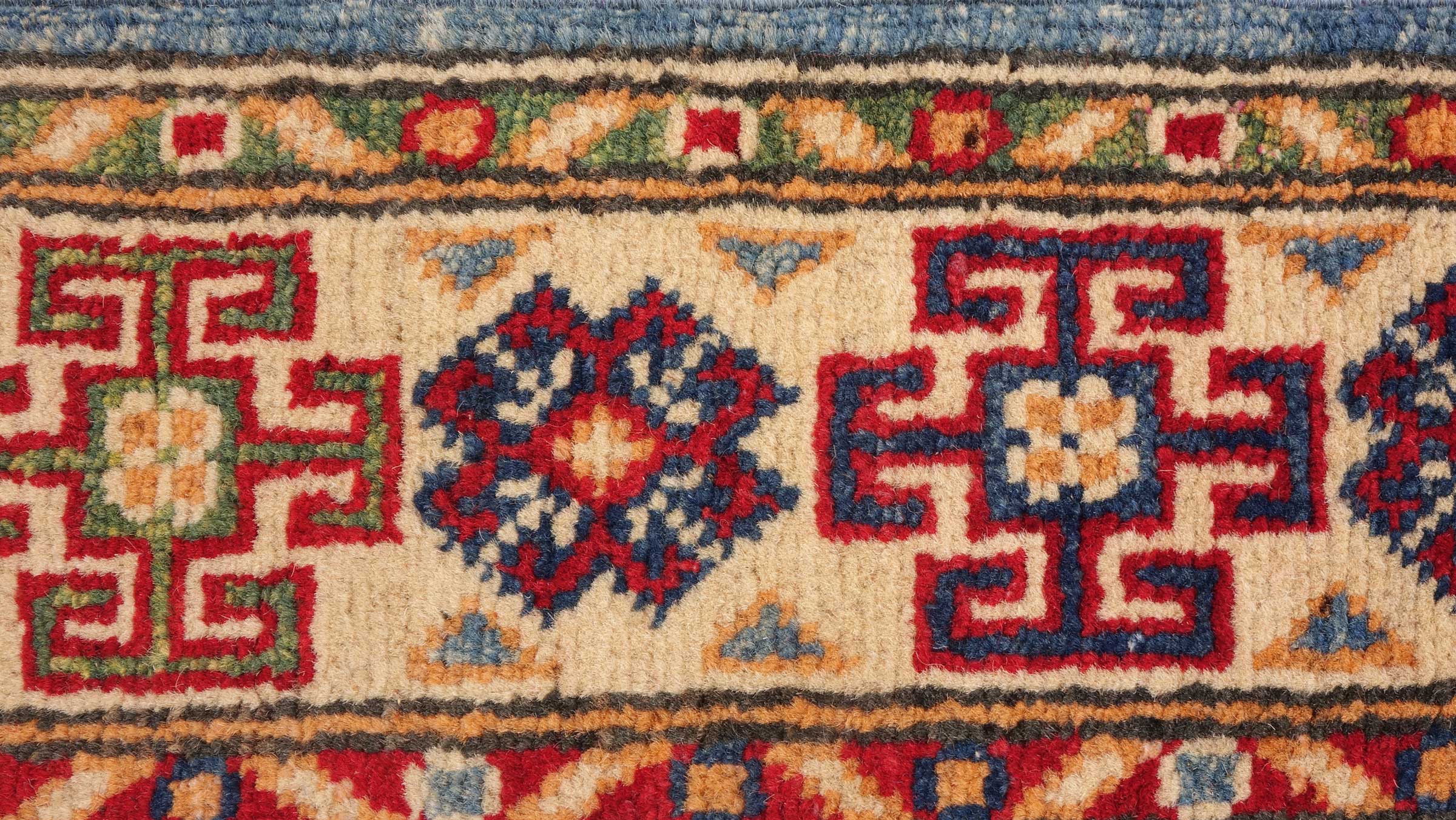 Kazak Teppich 80x300 Handgeknüpft Läufer Blau Geometrisch Orientalisch UNIKAT Kurzflor