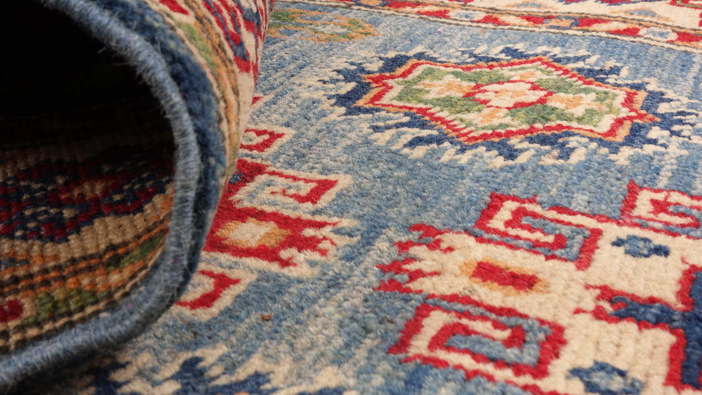 Kazak Teppich 80x300 Handgeknüpft Läufer Blau Geometrisch Orientalisch UNIKAT Kurzflor