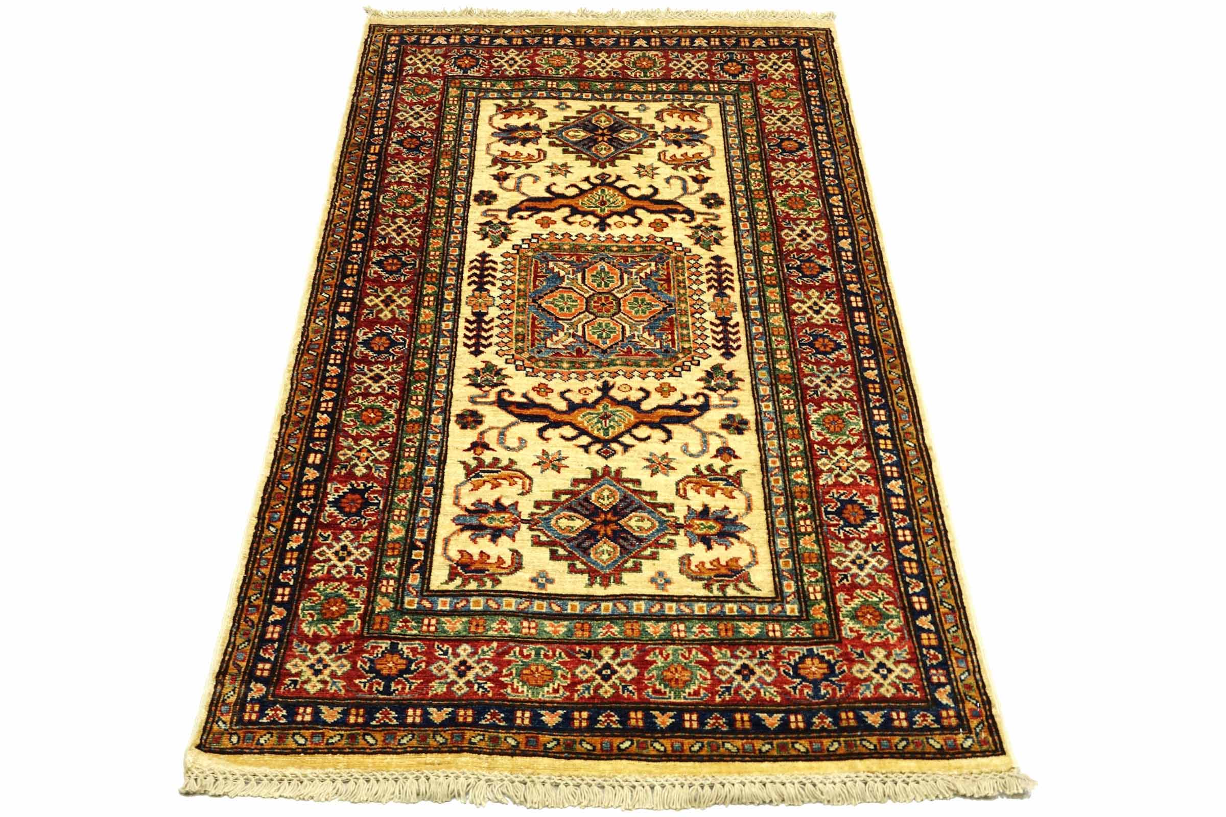 Afghan Kazak Fein 100x150 Handgeknüpft Orientteppich Beige Umrandung Wolle