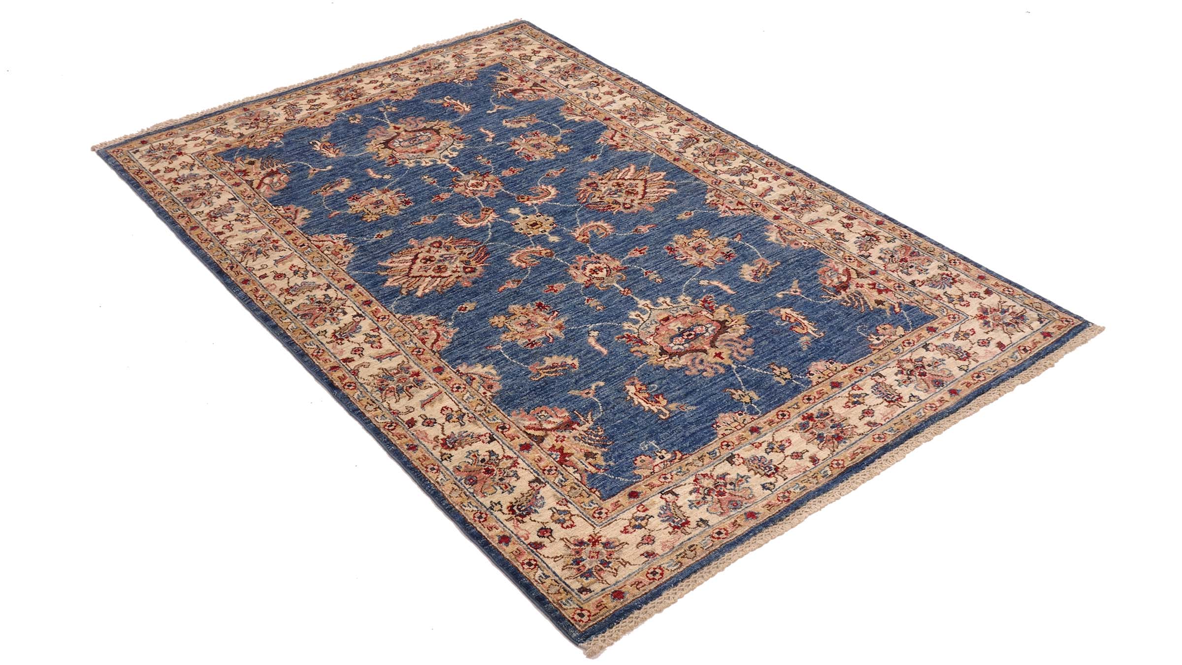 Chobi Ziegler Teppich 120x180 Handgeknüpft Blau Floral Orientalisch UNIKAT Kurzflor