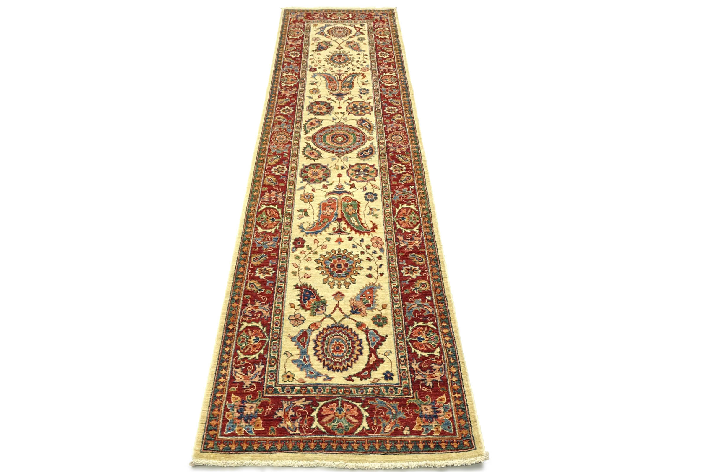 Afghan Chobi Ziegler 80x300 Handgeknüpft Orientteppich Läufer Beige Blumenmuster