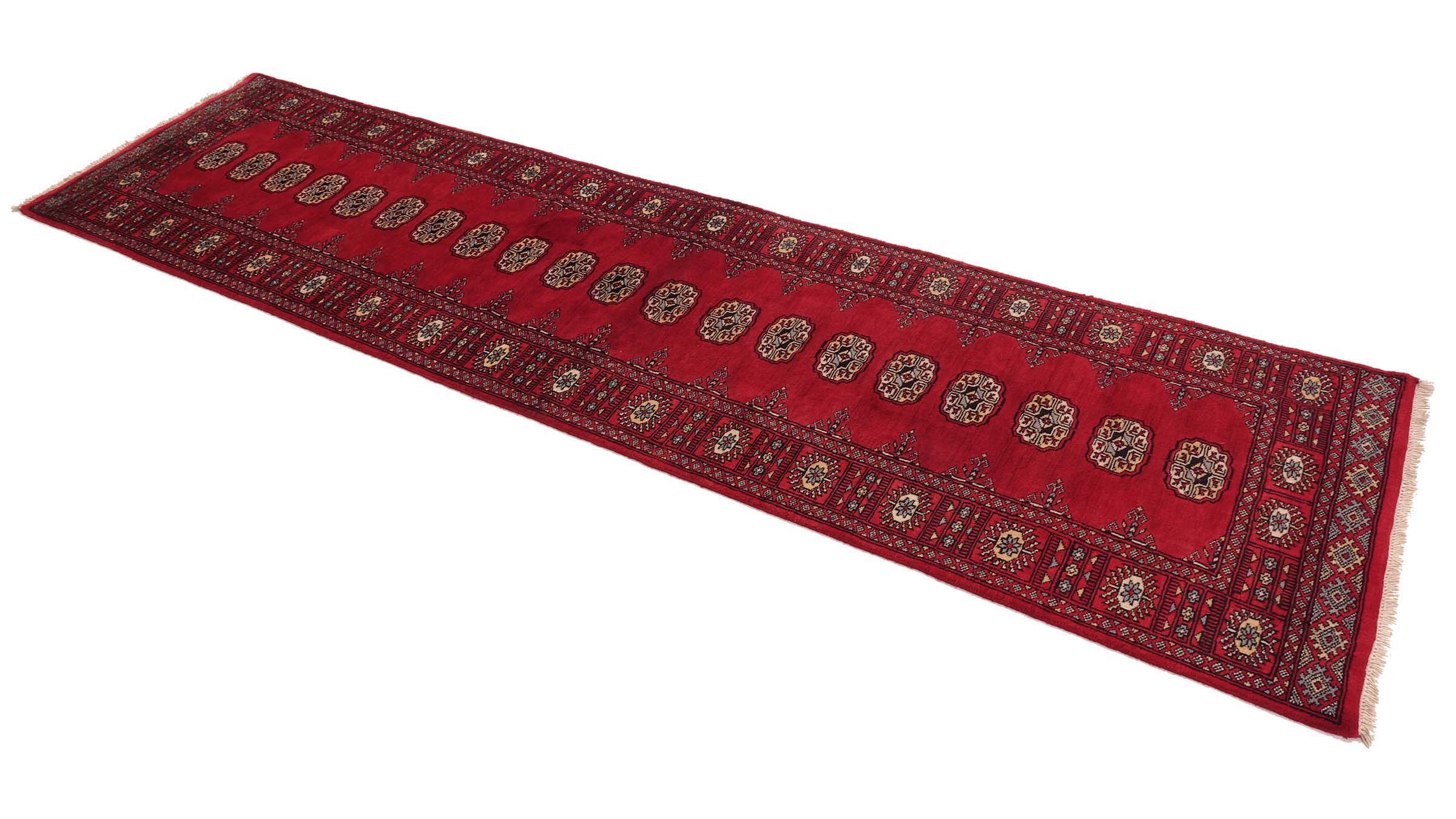 Pakistan Bokhara Teppich 80x300 Handgeknüpft Läufer Rot Geometrisch Orientalisch UNIKAT
