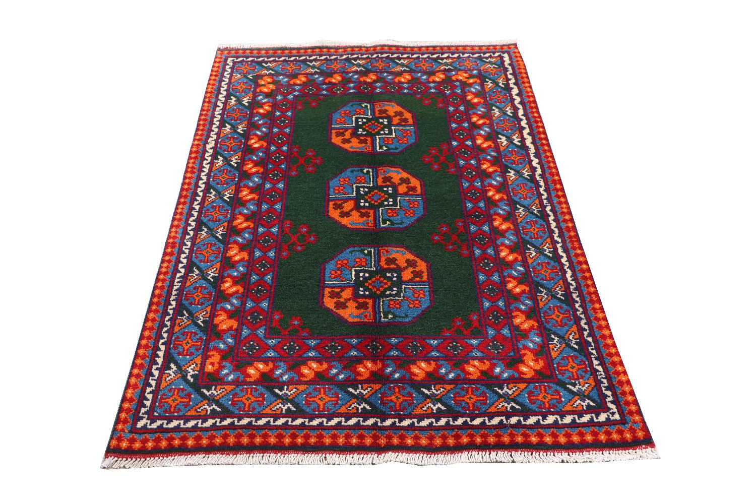 Afghan Akcha Rang Dar Teppich 100x150 Handgeknüpft Grün Durchgemustert Orient Kurzflor