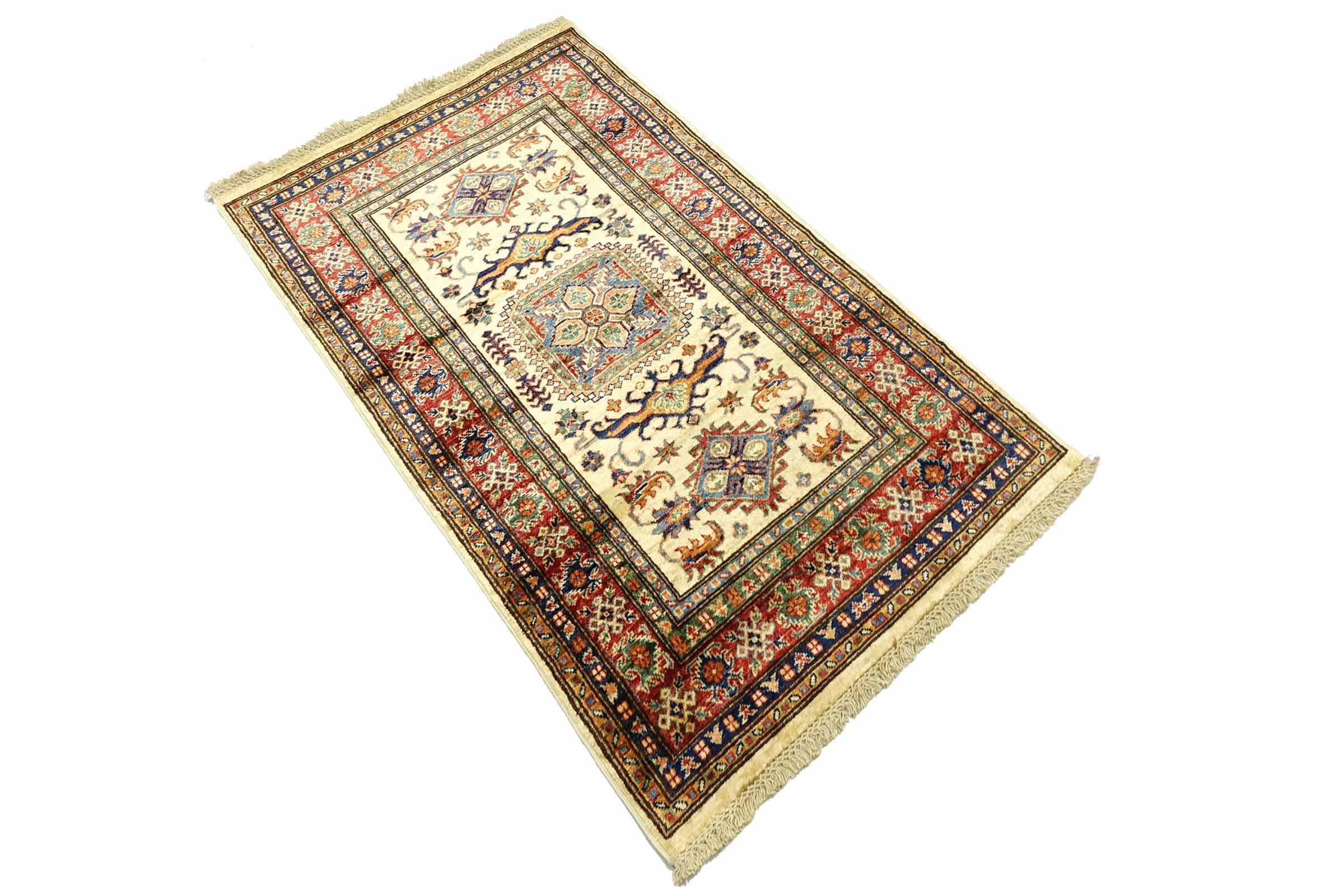 Afghan Kazak Fein 100x150 Handgeknüpft Orientteppich Beige Umrandung Wolle