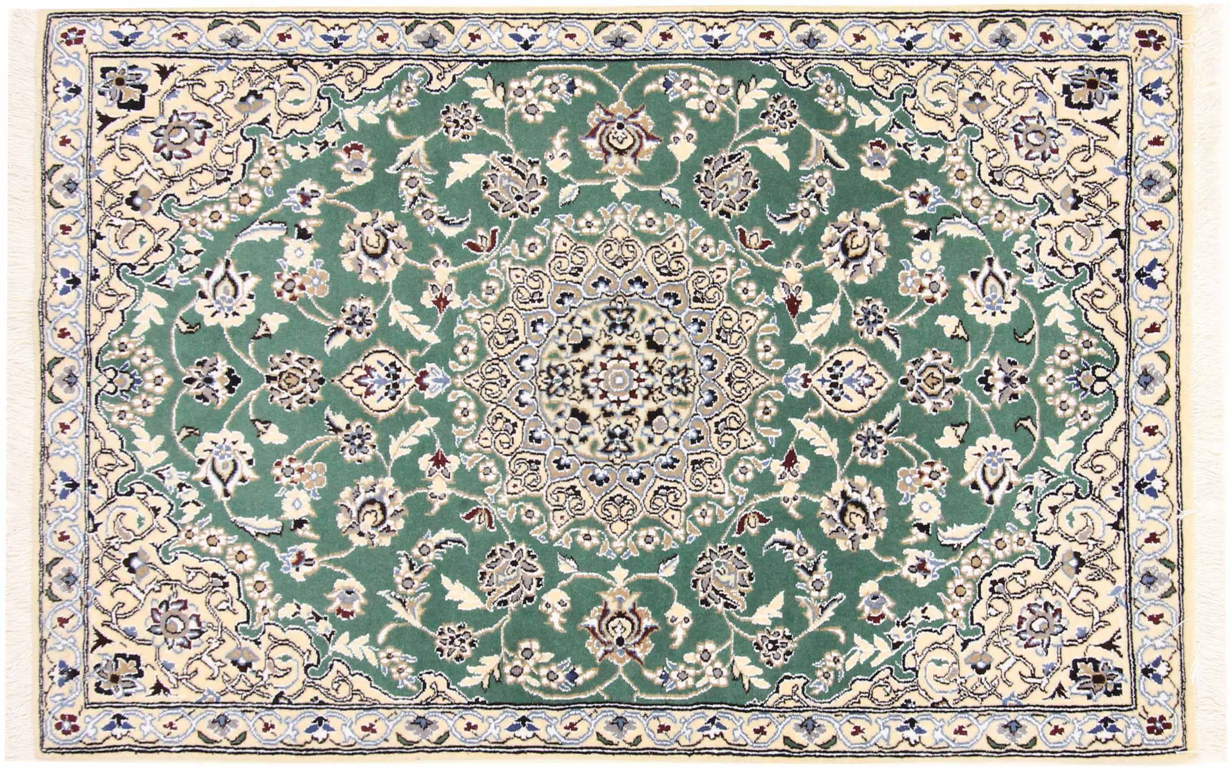 Perserteppich Nain 9LA 90x140 Handgeknüpft Grün Medaillon Orientalisch UNIKAT Kurzflor