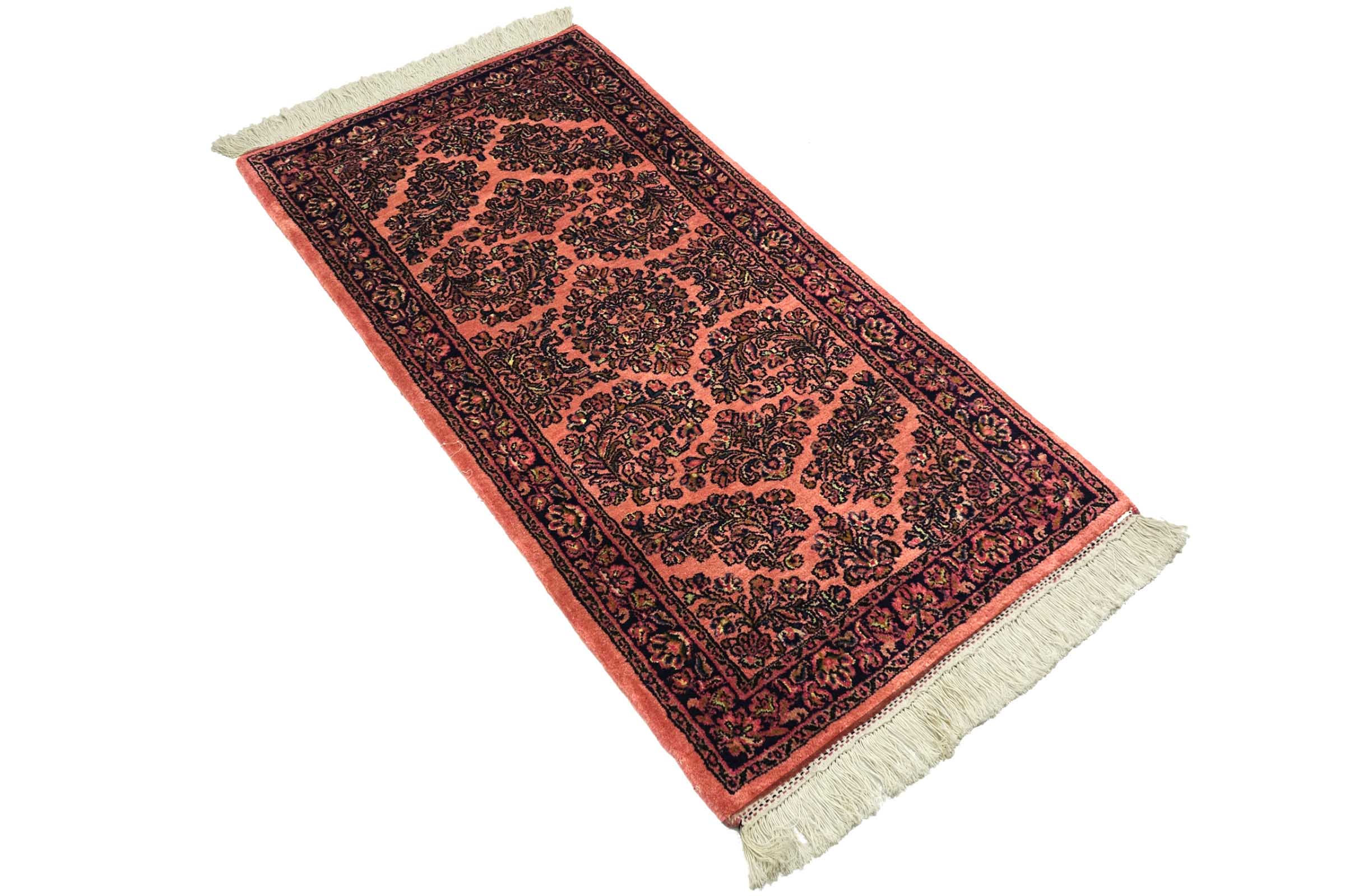 Sarough Teppich 70x140 Handgeknüpft Rosa Floral Wolle Kurzflor Rug