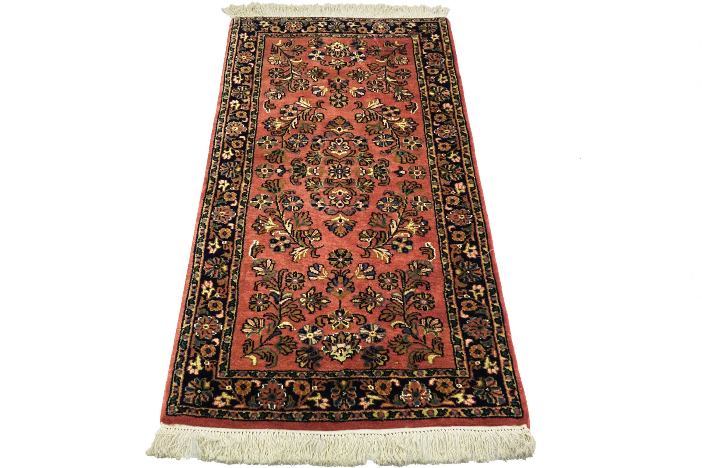 Sarough Teppich 70x140 Handgeknüpft Rosa Floral Wolle Kurzflor Rug