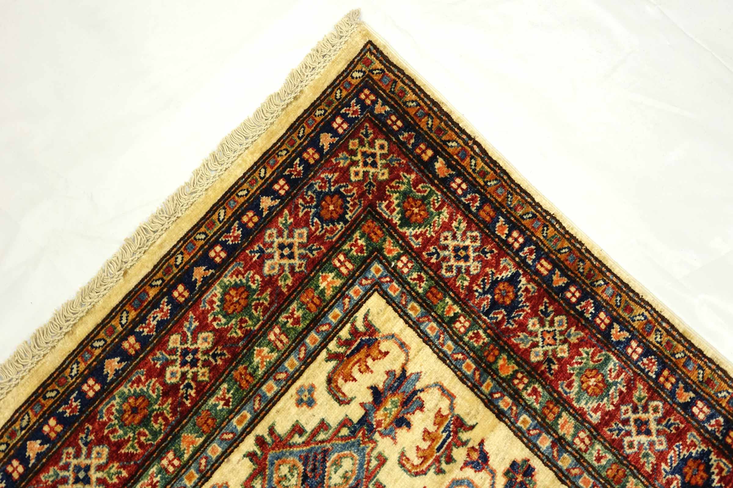 Afghan Kazak Fein 100x150 Handgeknüpft Orientteppich Beige Umrandung Wolle